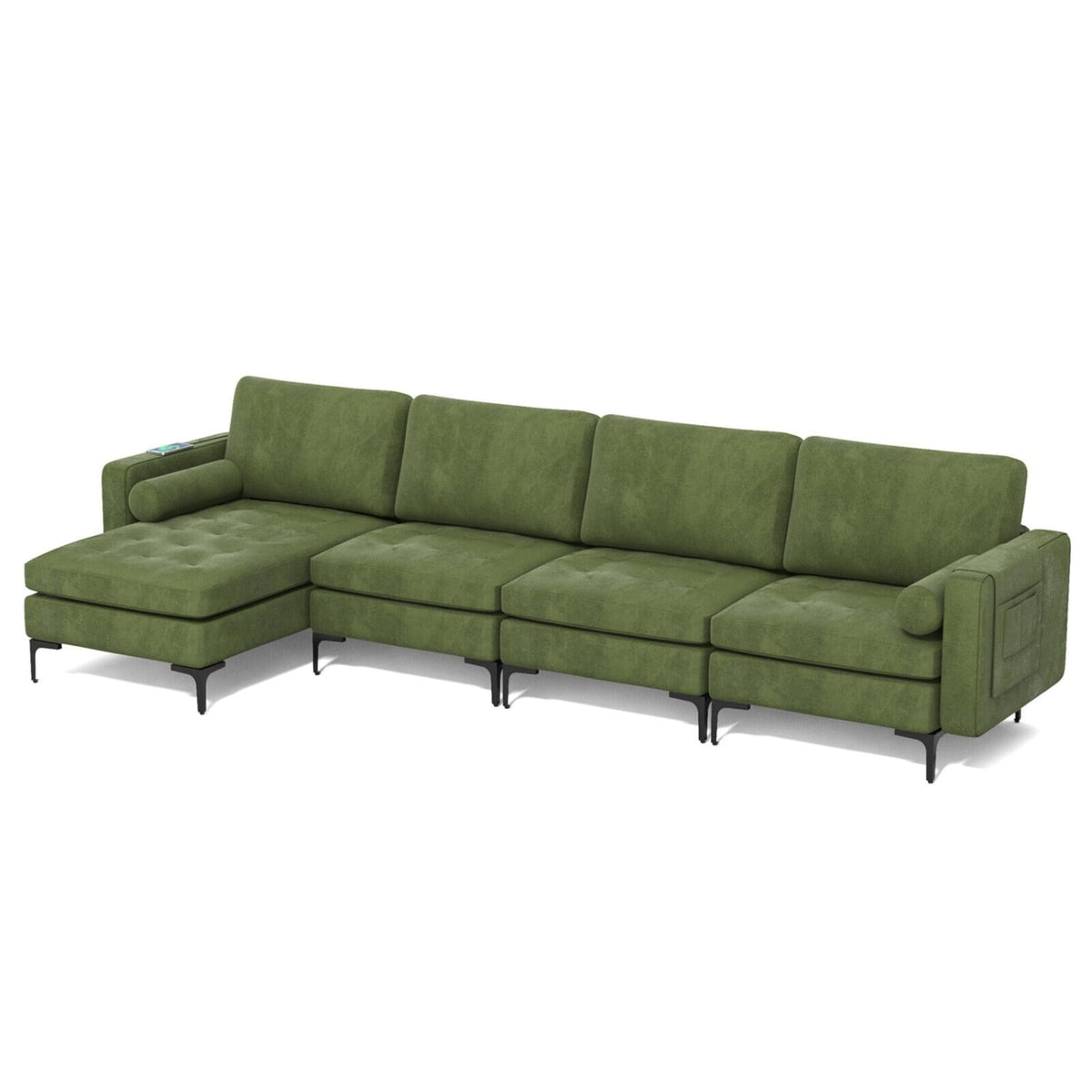 4-Seat L-Shaped Modular Sectional Sofa - Army Green Suede USB-Sofas & Loveseats-DECOROLALA