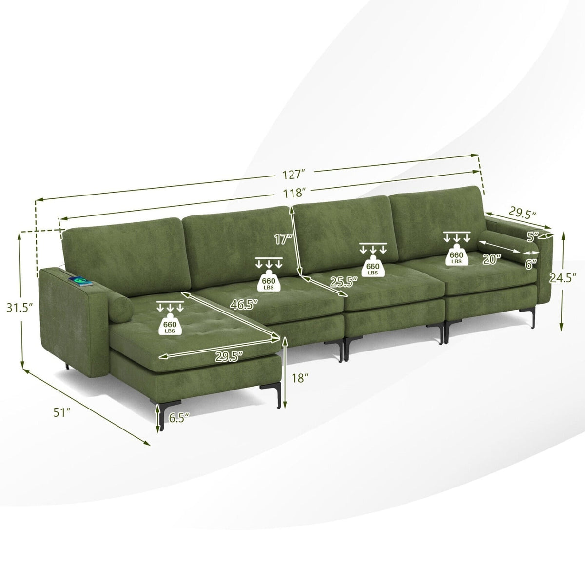 4-Seat L-Shaped Modular Sectional Sofa - Army Green Suede USB-Sofas & Loveseats-DECOROLALA