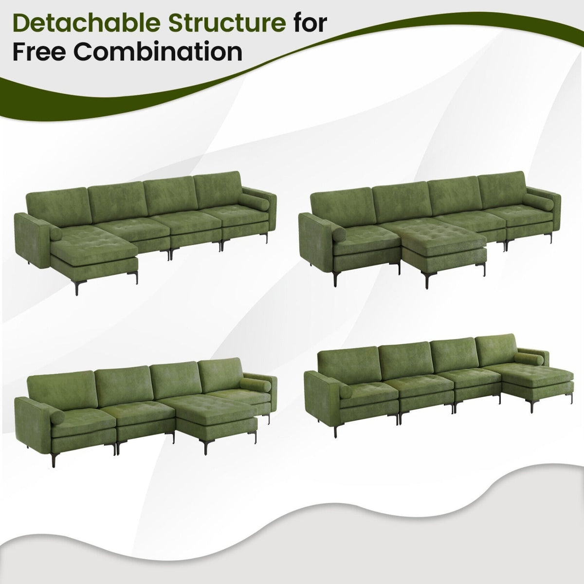 4-Seat L-Shaped Modular Sectional Sofa - Army Green Suede USB-Sofas & Loveseats-DECOROLALA