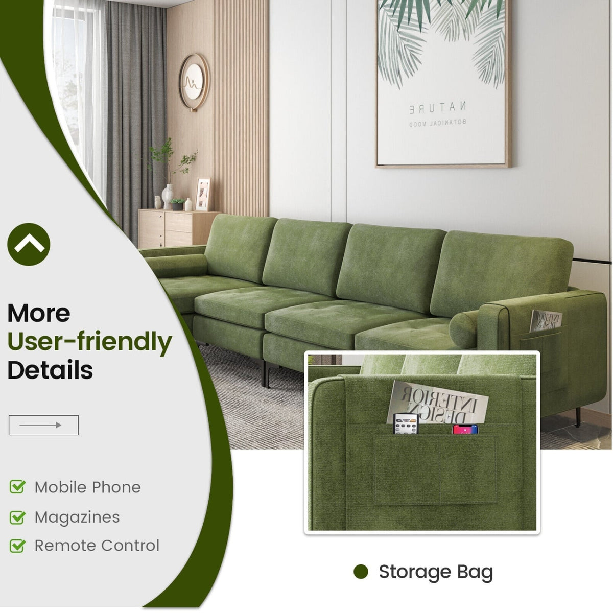 4-Seat L-Shaped Modular Sectional Sofa - Army Green Suede USB-Sofas & Loveseats-DECOROLALA