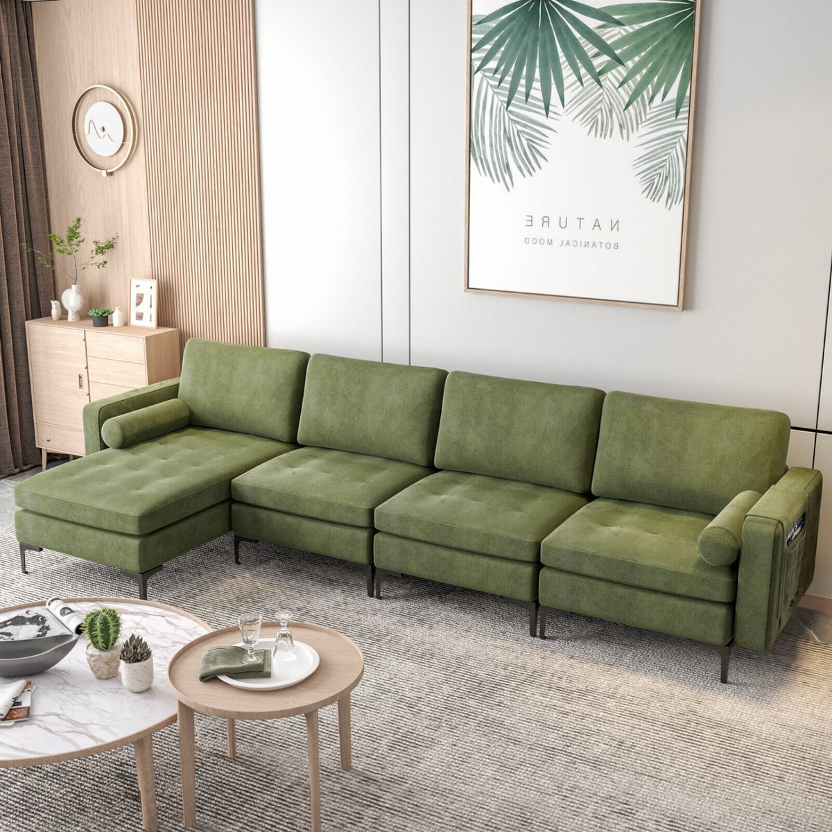 4-Seat L-Shaped Modular Sectional Sofa - Army Green Suede USB-Sofas & Loveseats-DECOROLALA