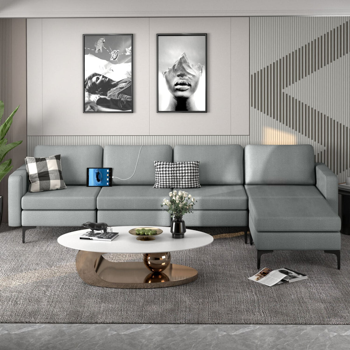 4-Seat L-Shaped Sectional Sofa with Reversible Ottoman - Dark Gray-Sofas & Loveseats-DECOROLALA