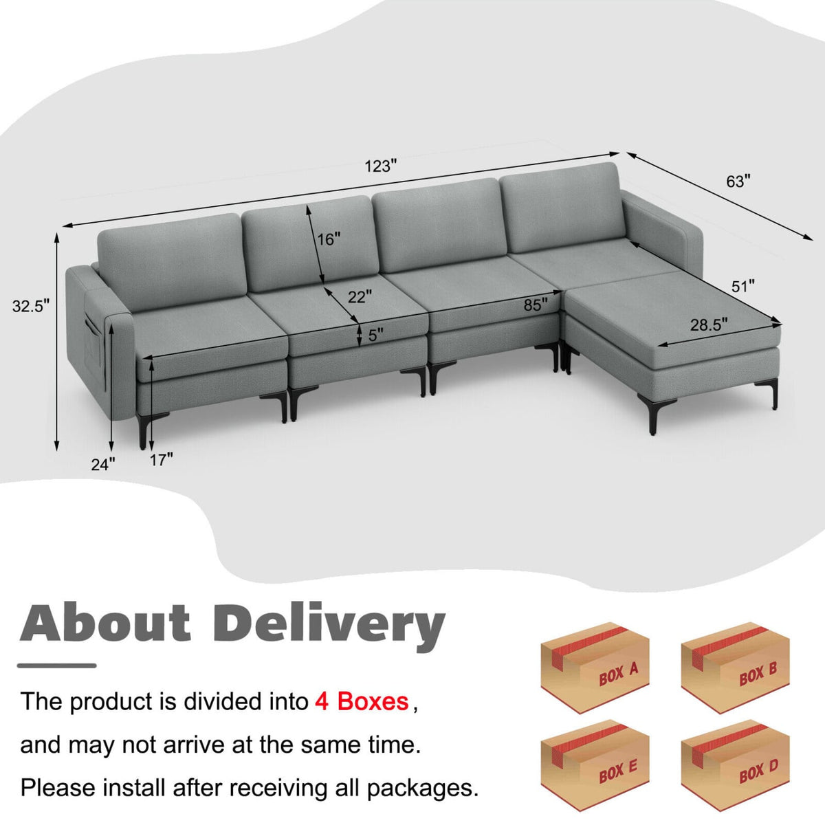 4-Seat L-Shaped Sectional Sofa with Reversible Ottoman - Dark Gray-Sofas & Loveseats-DECOROLALA