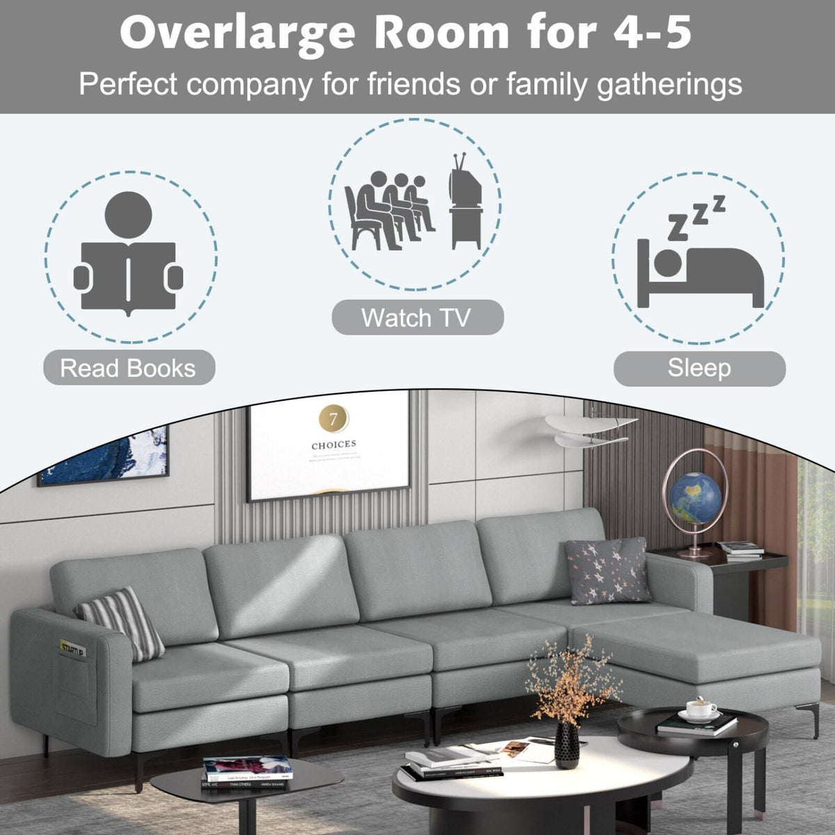 4-Seat L-Shaped Sectional Sofa with Reversible Ottoman - Dark Gray-Sofas & Loveseats-DECOROLALA