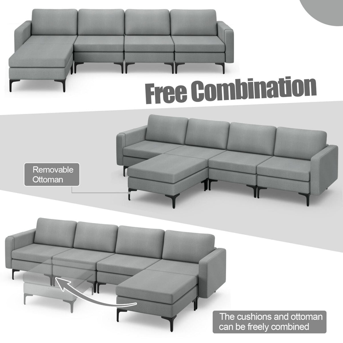 4-Seat L-Shaped Sectional Sofa with Reversible Ottoman - Dark Gray-Sofas & Loveseats-DECOROLALA