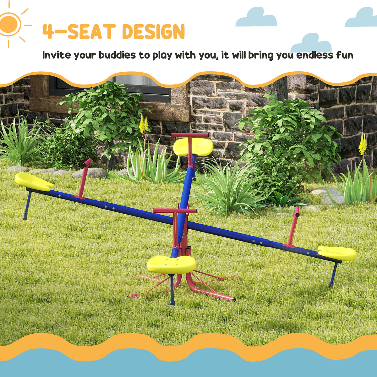 Kids Metal Seesaw Teeter Totter Children's Playground Equipment for Garden Outdoor Indoor Swing, 4 Seats-Toys & Games > Kids Outdoor Play > Gym Sets & Swings-DECOROLALA