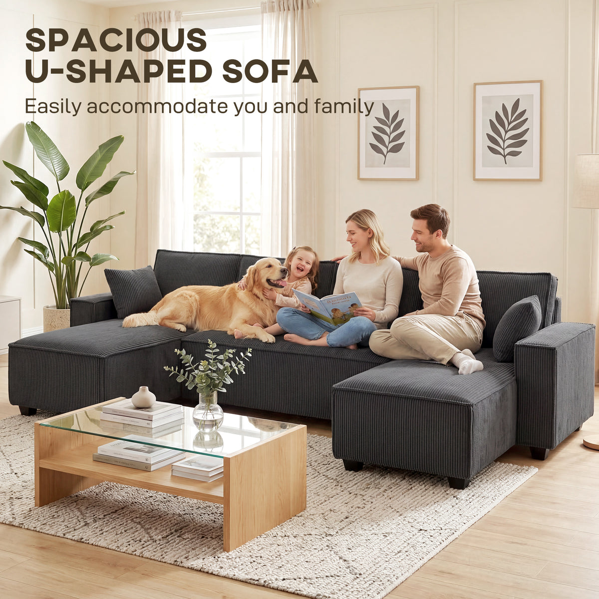 4 Seater Modular U-Shaped Sectional Sofa - Dark Grey Corduroy-Home Furnishings > Living Room Furniture > Sofas & Reclining Chairs > L Shaped Couchs-DECOROLALA