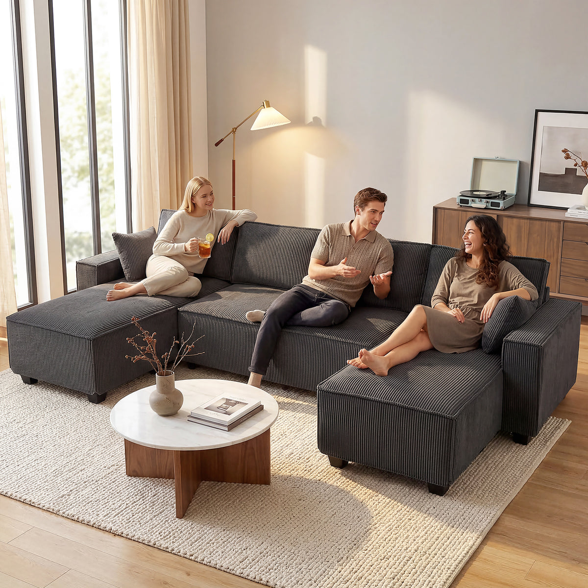 4 Seater Modular U-Shaped Sectional Sofa - Dark Grey Corduroy-Home Furnishings > Living Room Furniture > Sofas & Reclining Chairs > L Shaped Couchs-DECOROLALA