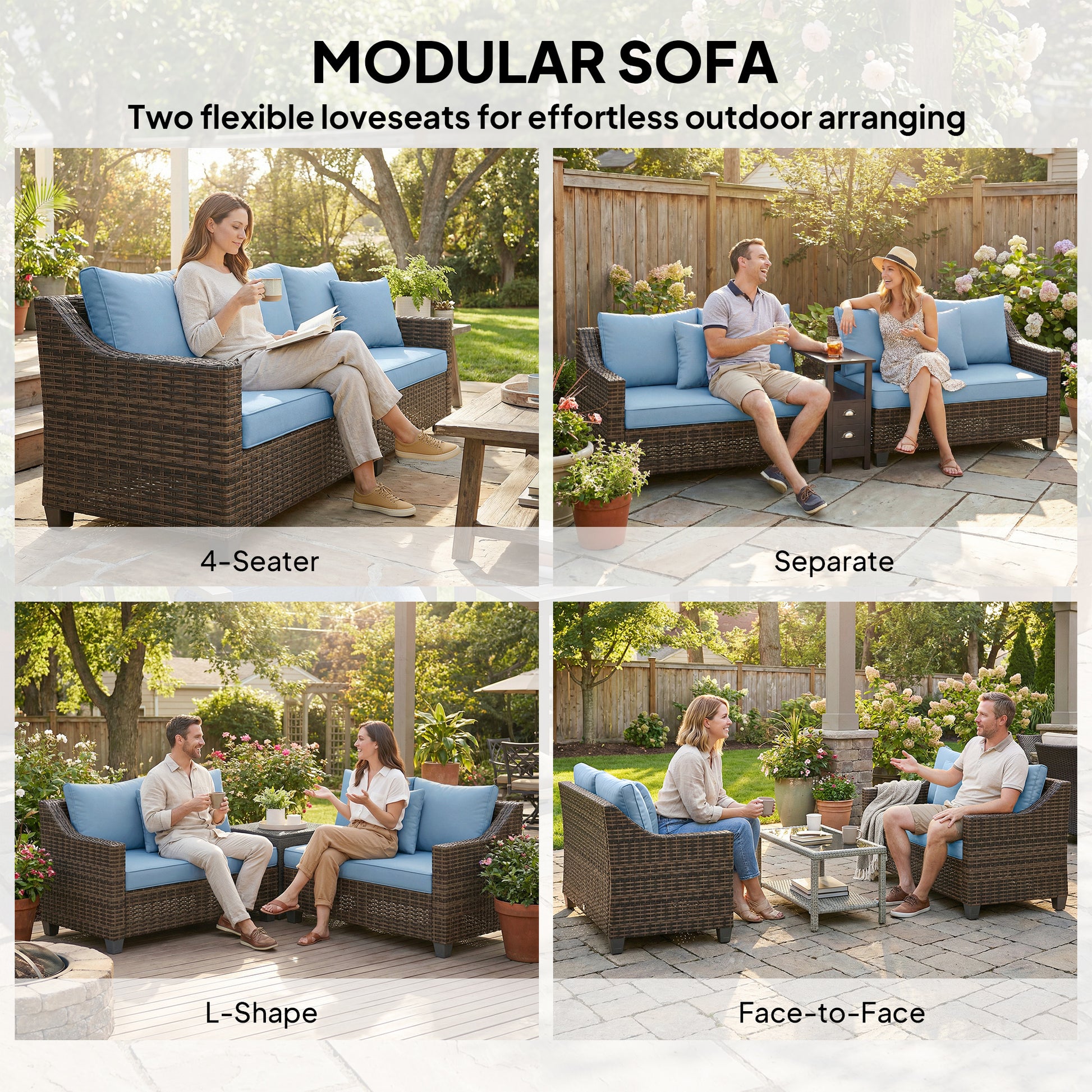 4-Seater Modular Wicker Patio Furniture Set - Blue-DECOROLALA
