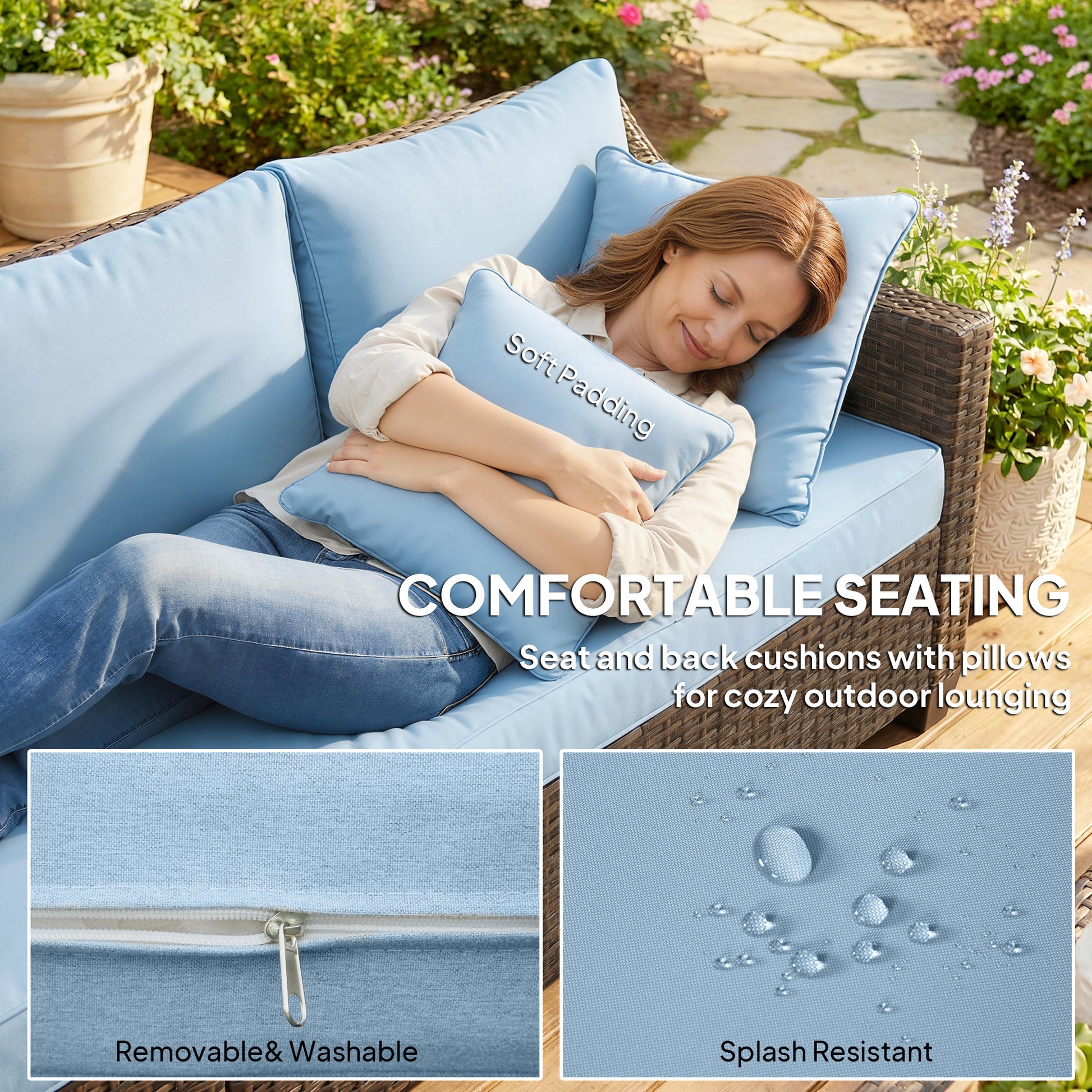 4-Seater Modular Wicker Patio Furniture Set - Blue-DECOROLALA