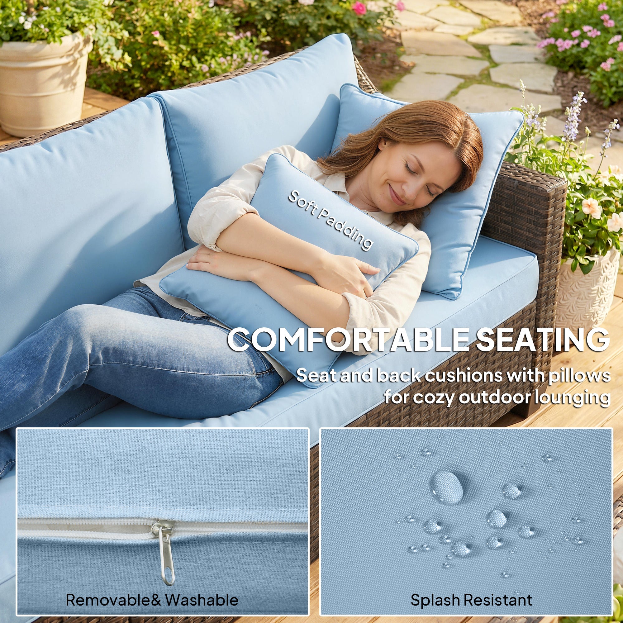 4-Seater Modular Wicker Patio Furniture Set - Blue-DECOROLALA