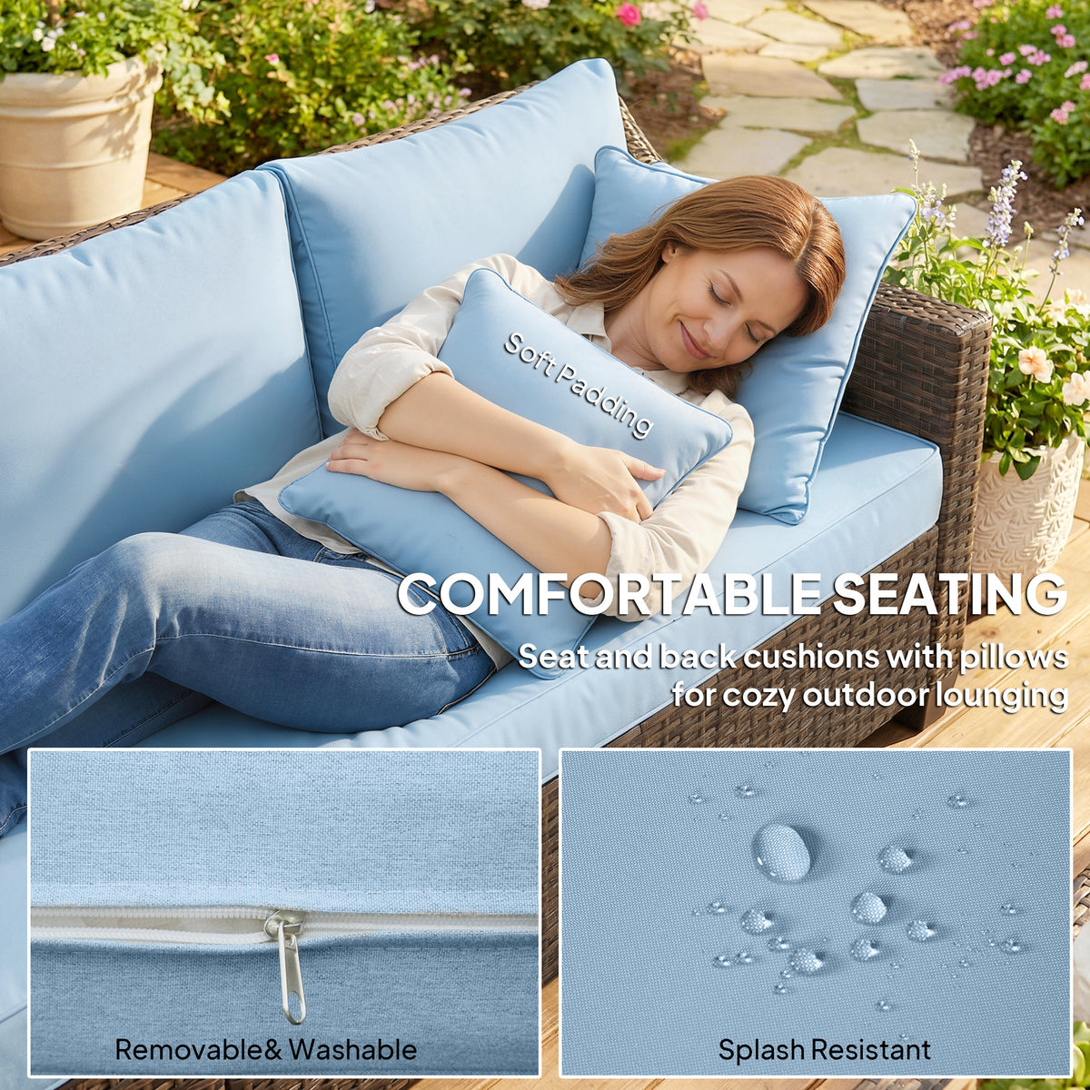 4-Seater Modular Wicker Patio Furniture Set - Blue-DECOROLALA