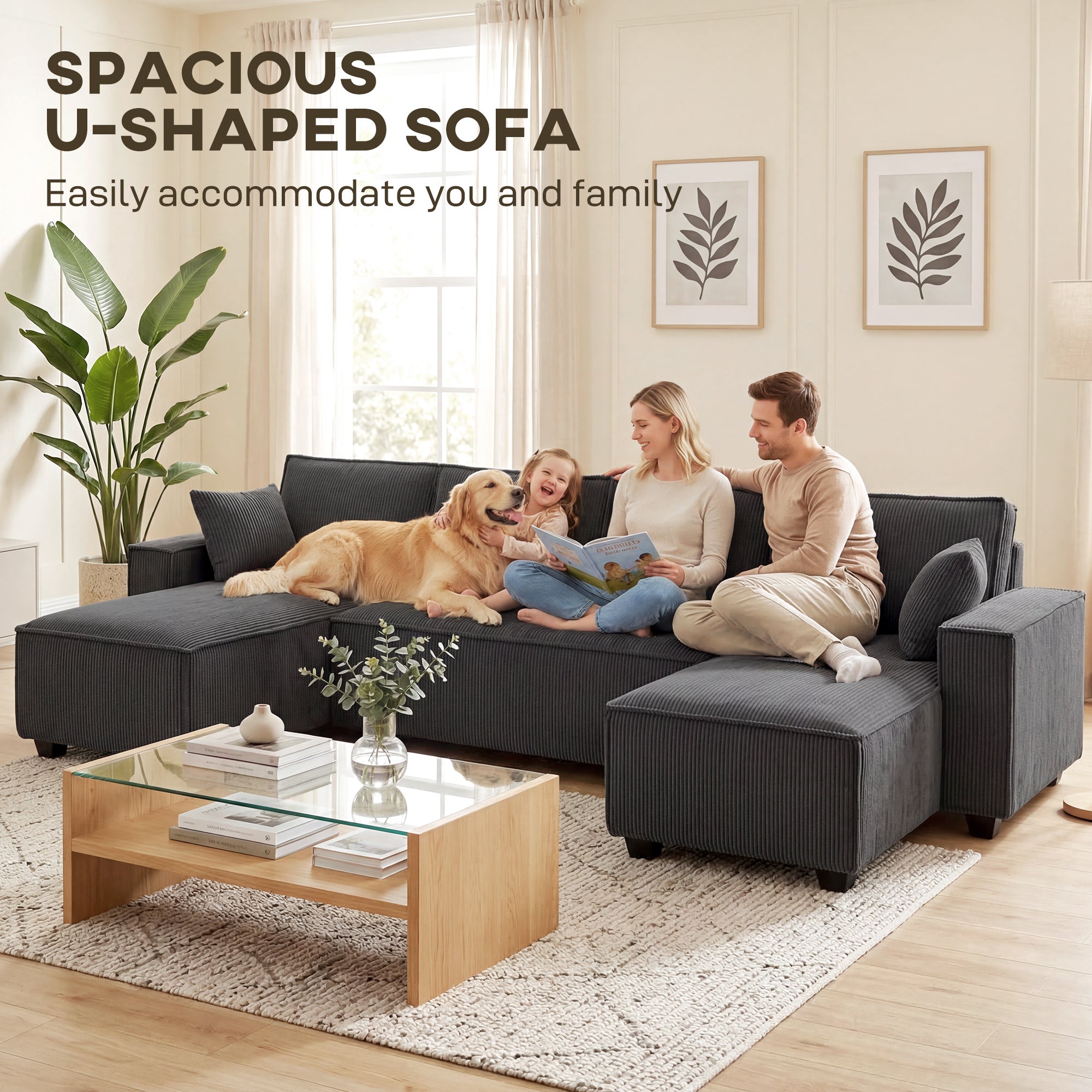 4 Seater Sofa - Beige Corduroy U Shaped-DECOROLALA