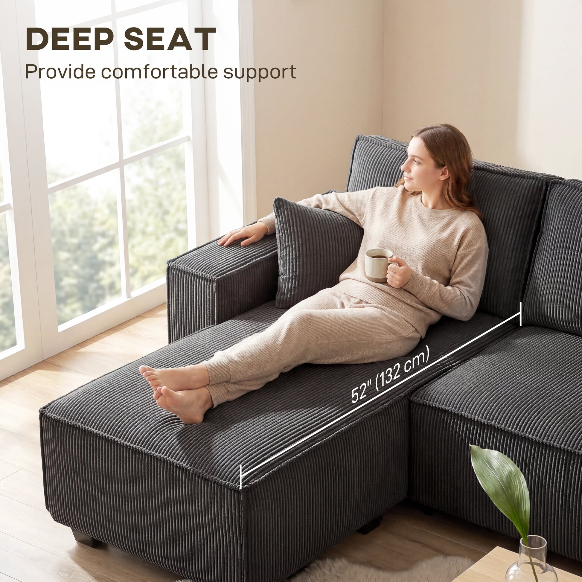 4 Seater Sofa - Beige Corduroy U Shaped-DECOROLALA