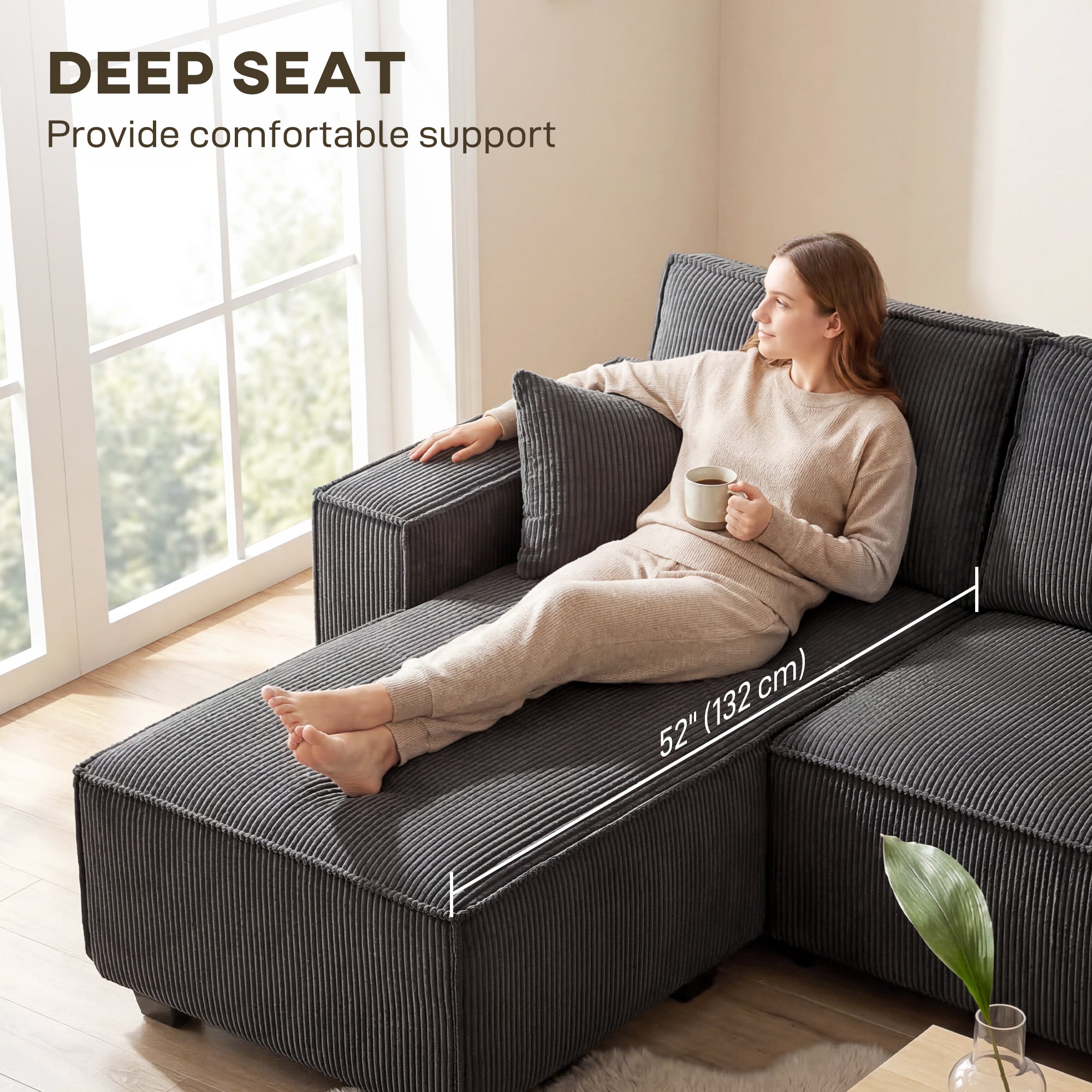 4 Seater Sofa - Beige Corduroy U Shaped-DECOROLALA