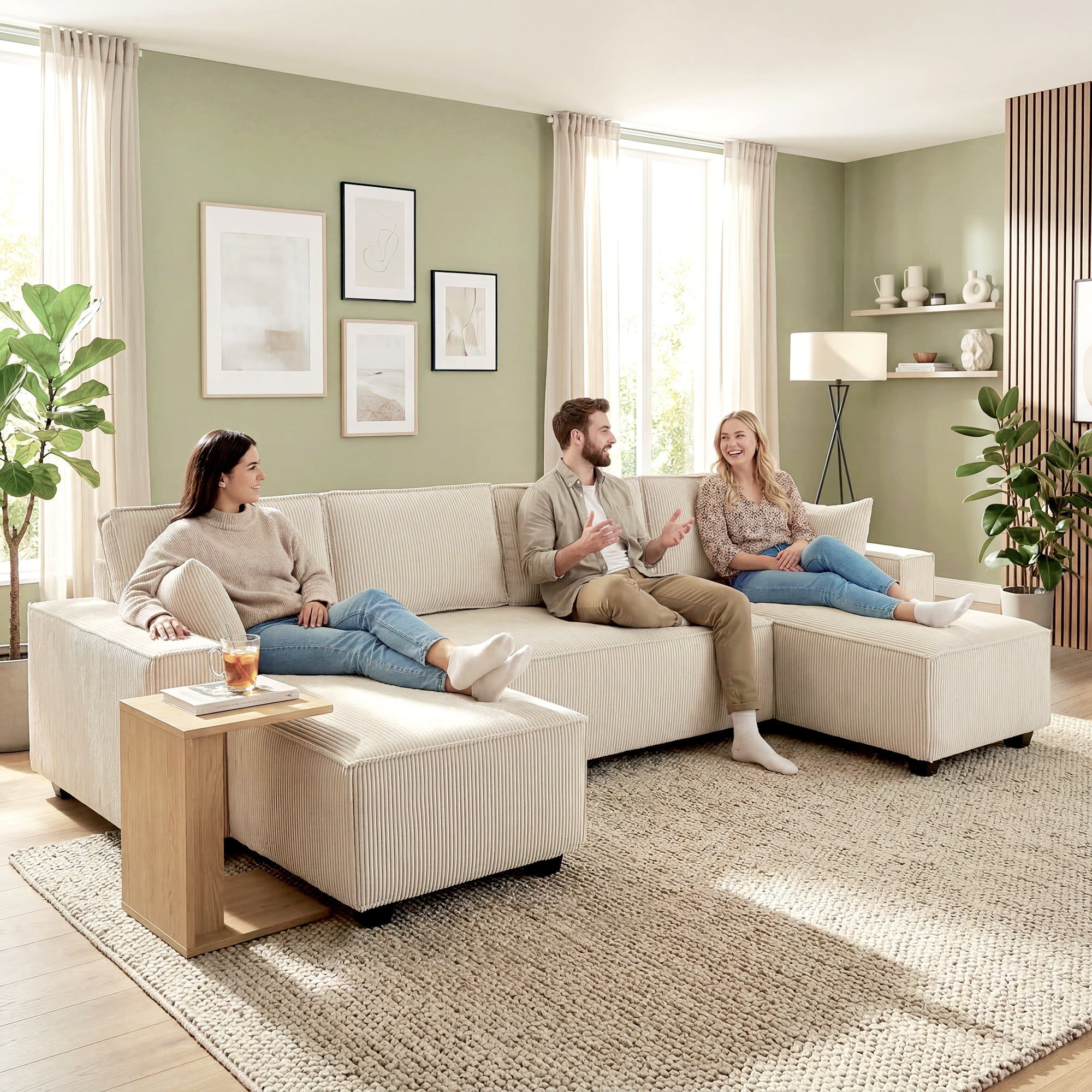 4 Seater Sofa - Beige Corduroy U Shaped-DECOROLALA