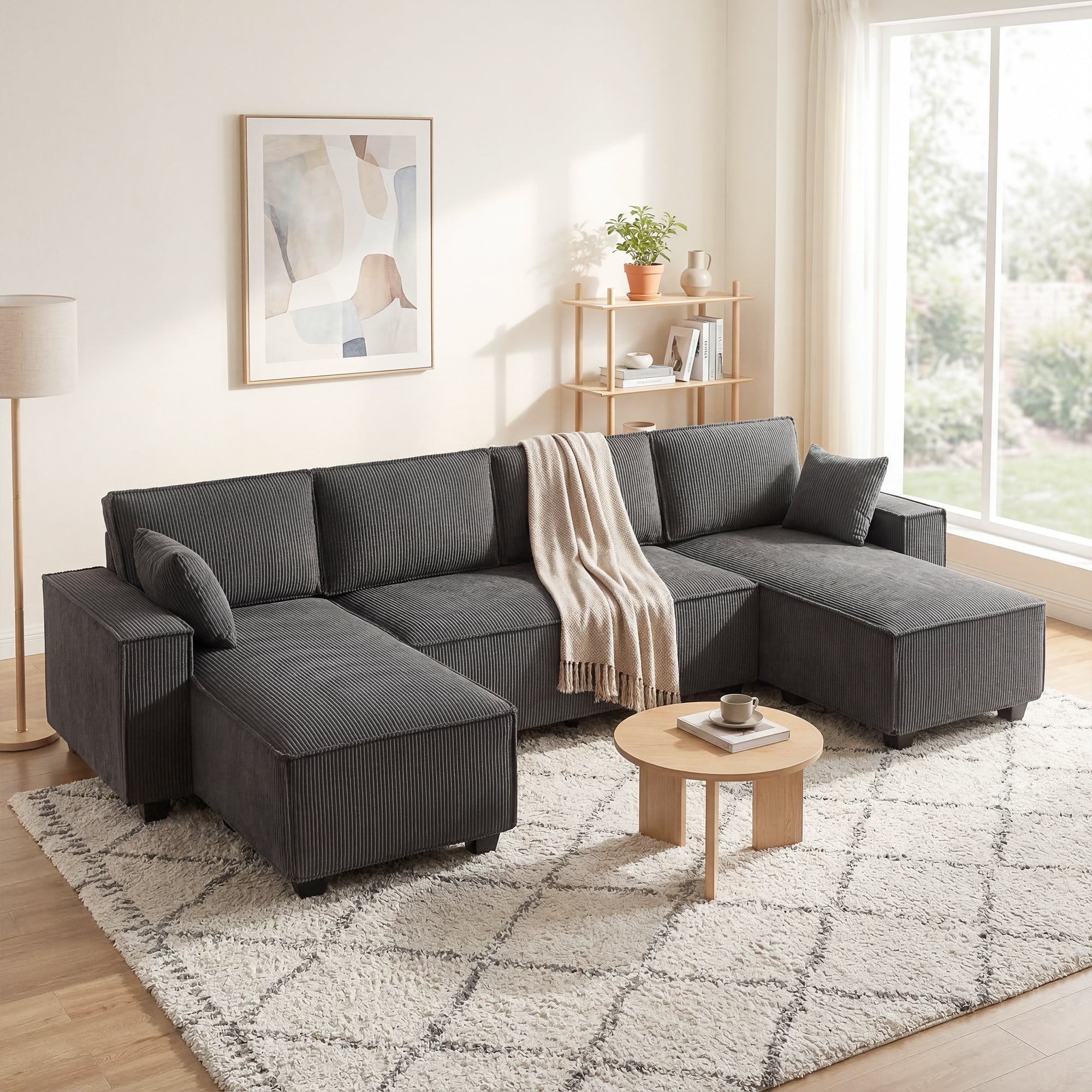 4 Seater Sofa - Beige Corduroy U Shaped-DECOROLALA