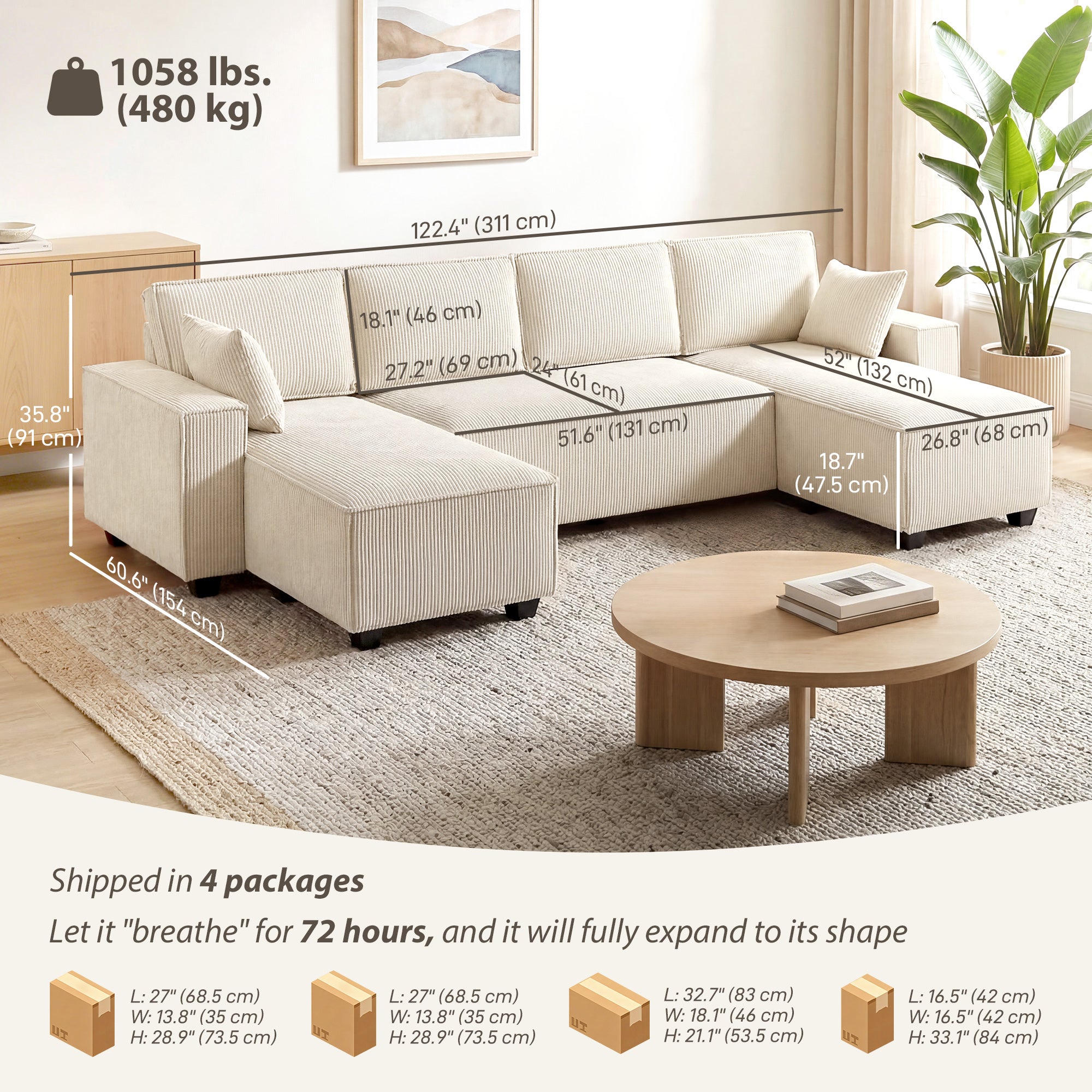 4 Seater Sofa - Beige Corduroy U Shaped-DECOROLALA