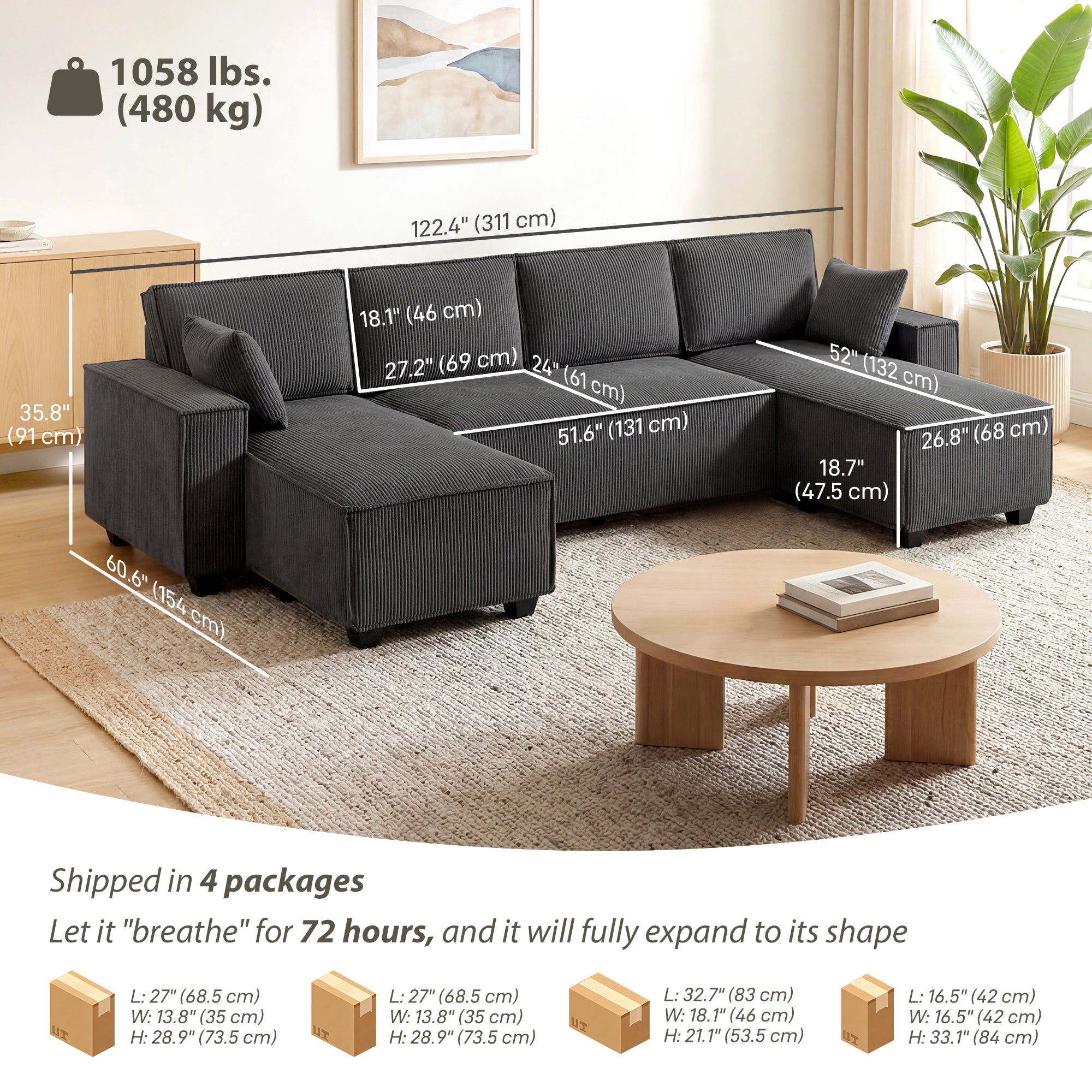 4 Seater Sofa - Beige Corduroy U Shaped-DECOROLALA