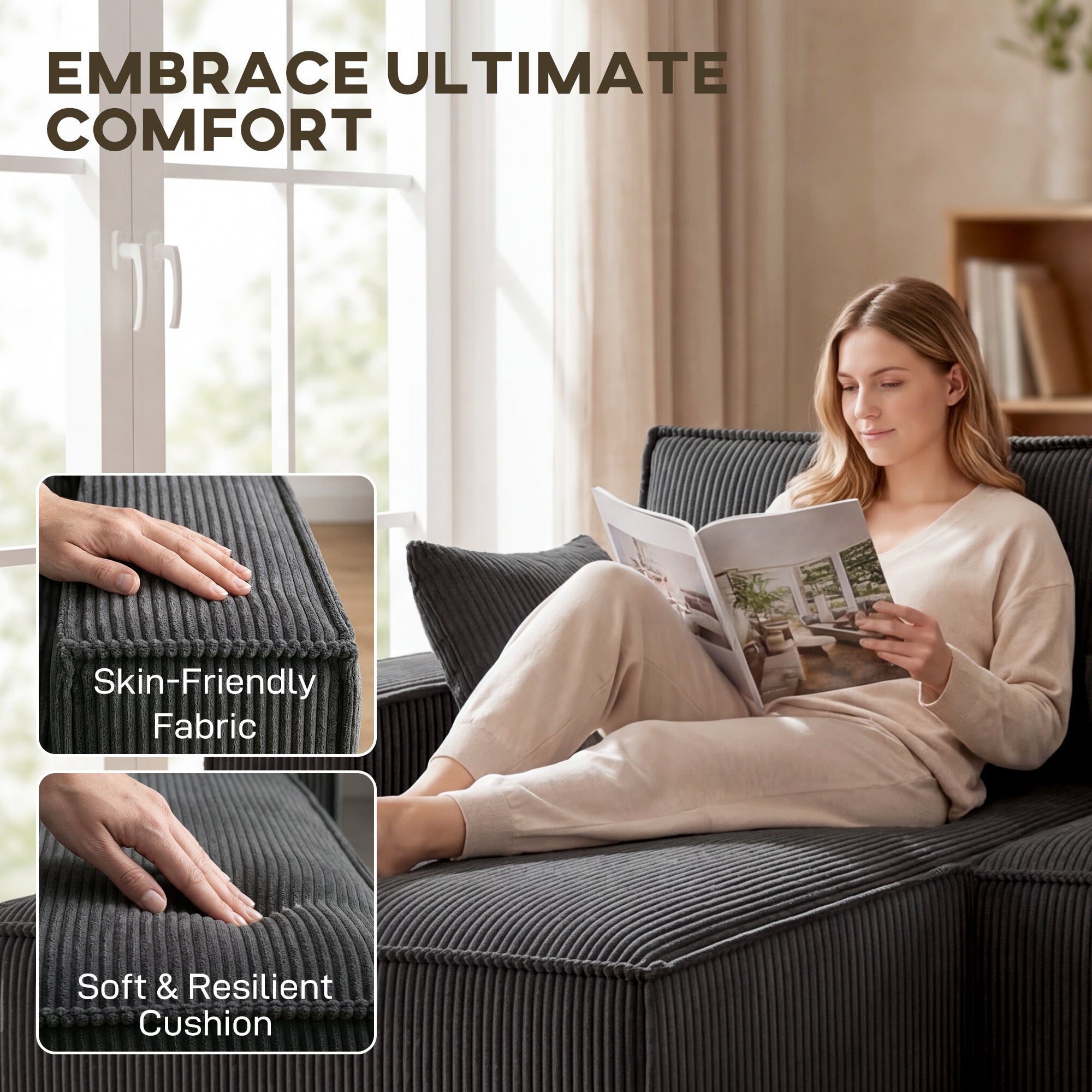 4 Seater Sofa - Beige Corduroy U Shaped-DECOROLALA