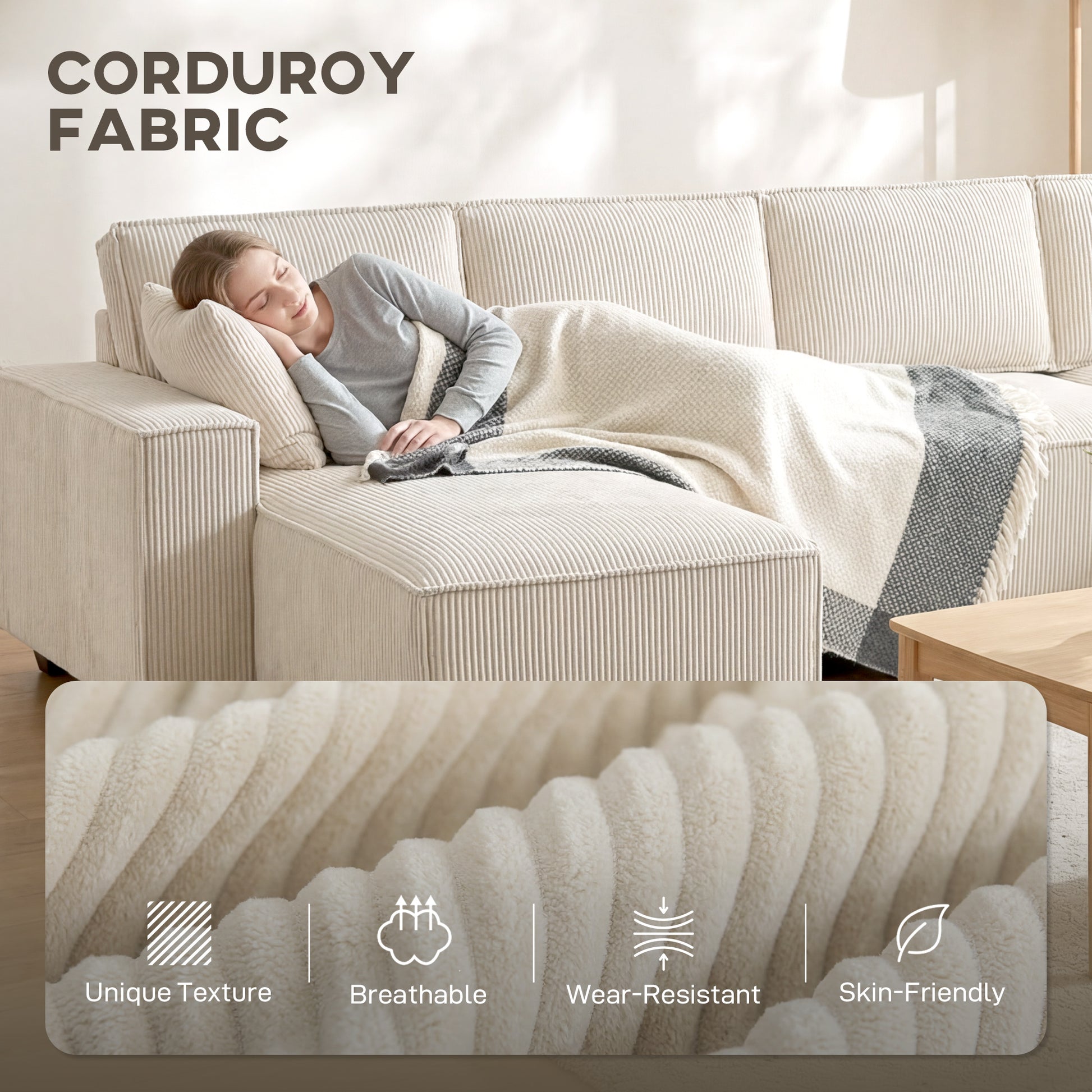 4 Seater Sofa - Beige Corduroy U Shaped-DECOROLALA