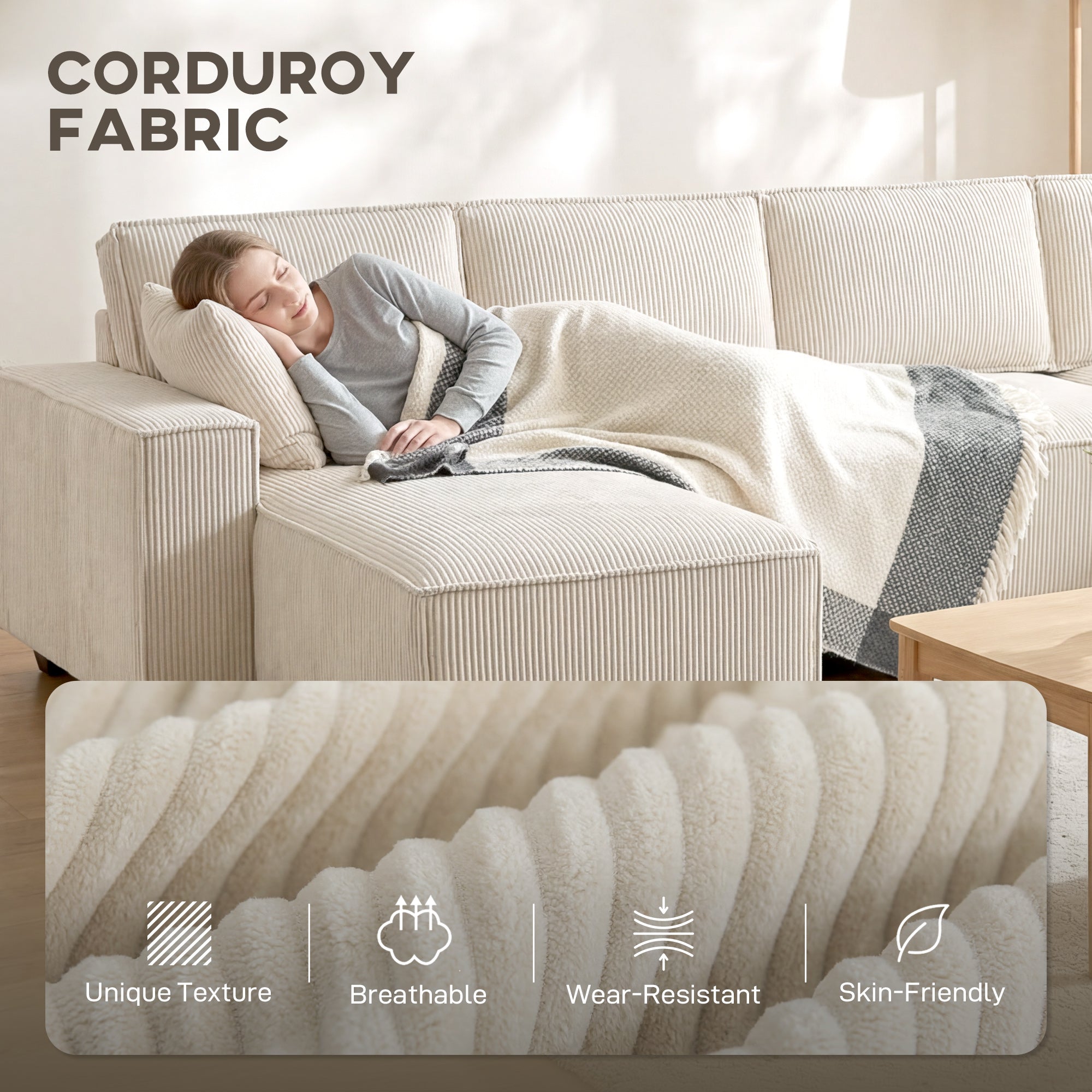 4 Seater Sofa - Beige Corduroy U Shaped-DECOROLALA