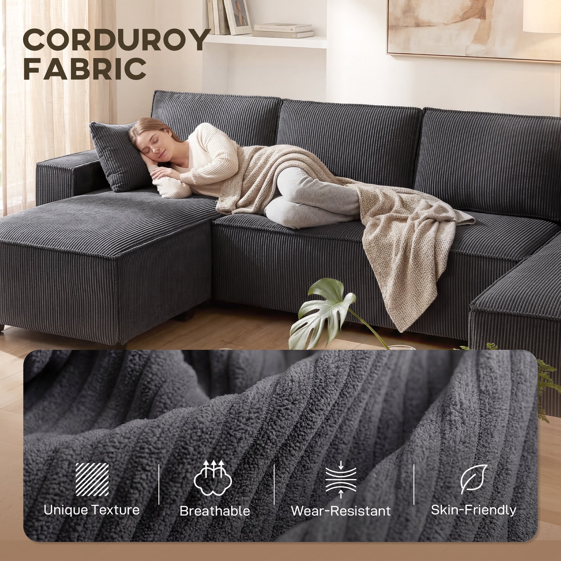 4 Seater Sofa - Beige Corduroy U Shaped-DECOROLALA