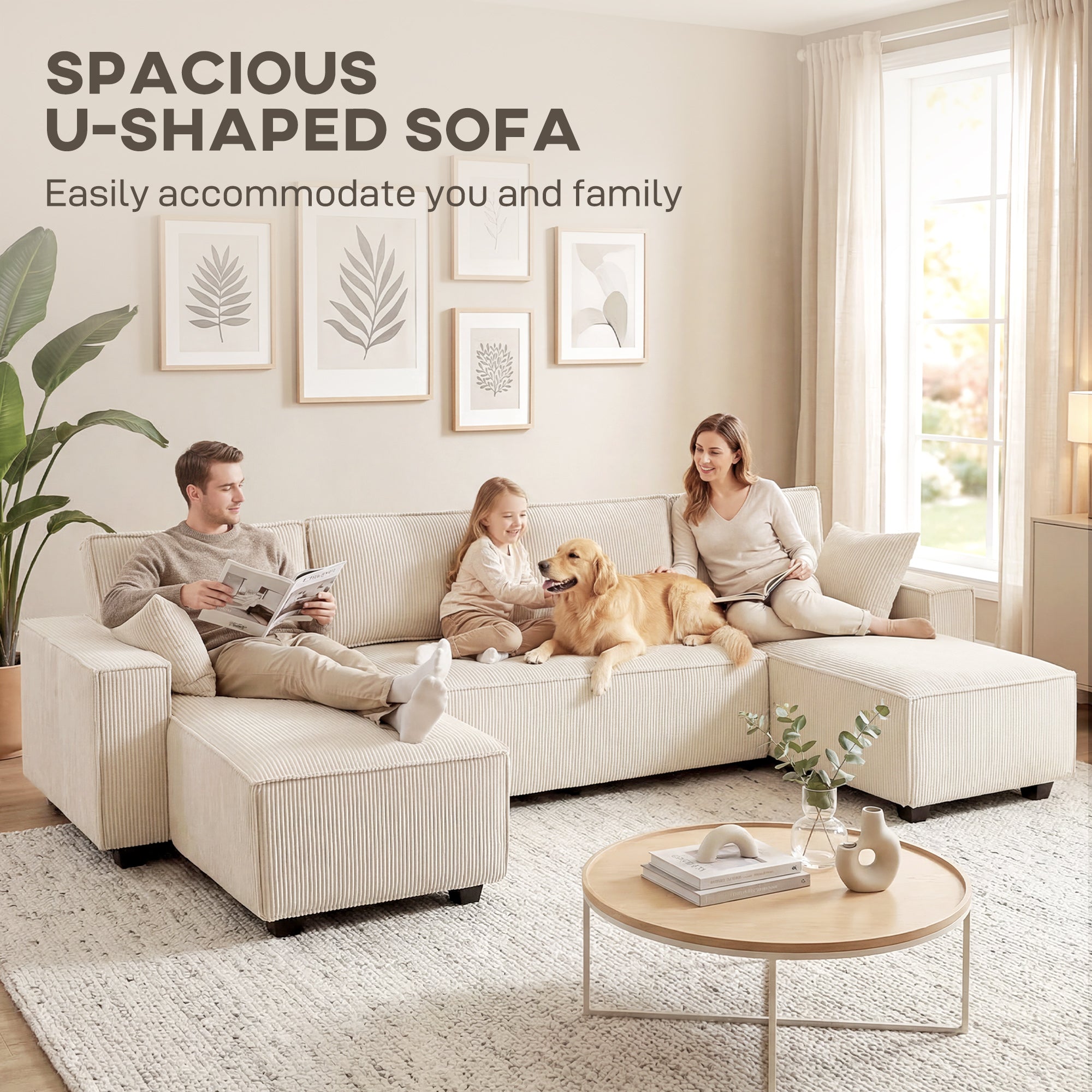4 Seater Sofa - Beige Corduroy U Shaped-DECOROLALA