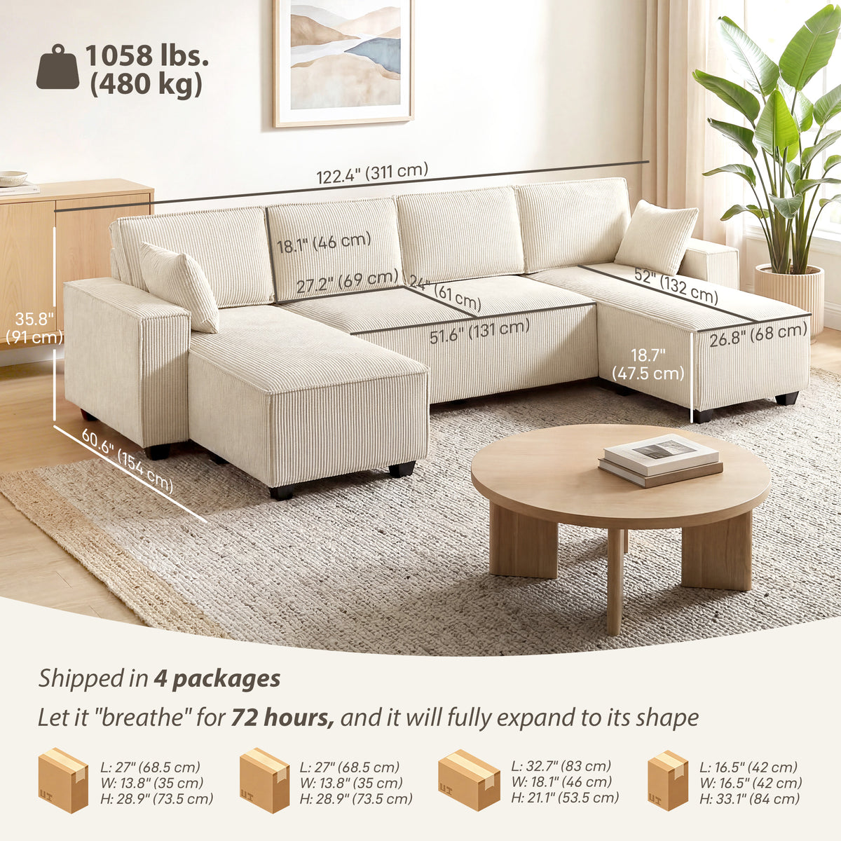 4-Seater U-Shaped Sectional Sofa - Beige Corduroy 122"-Home Furnishings > Living Room Furniture > Sofas & Reclining Chairs > L Shaped Couchs-DECOROLALA