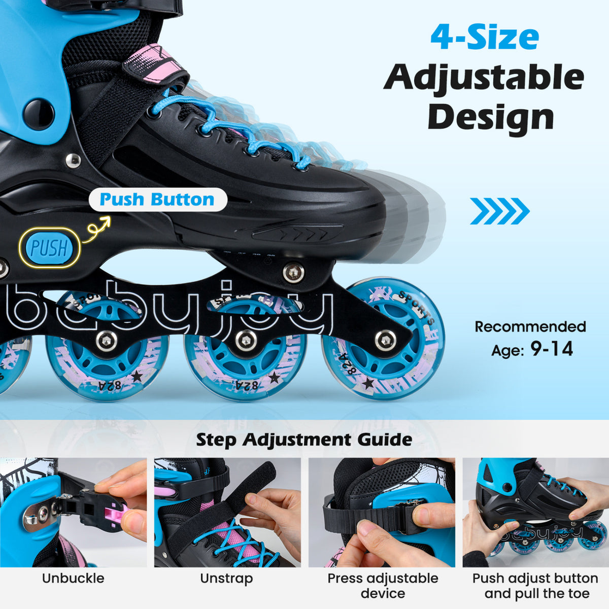 Patins à roues alignées lumineux réglables en 4 tailles pour enfants de 9 à 14 ans