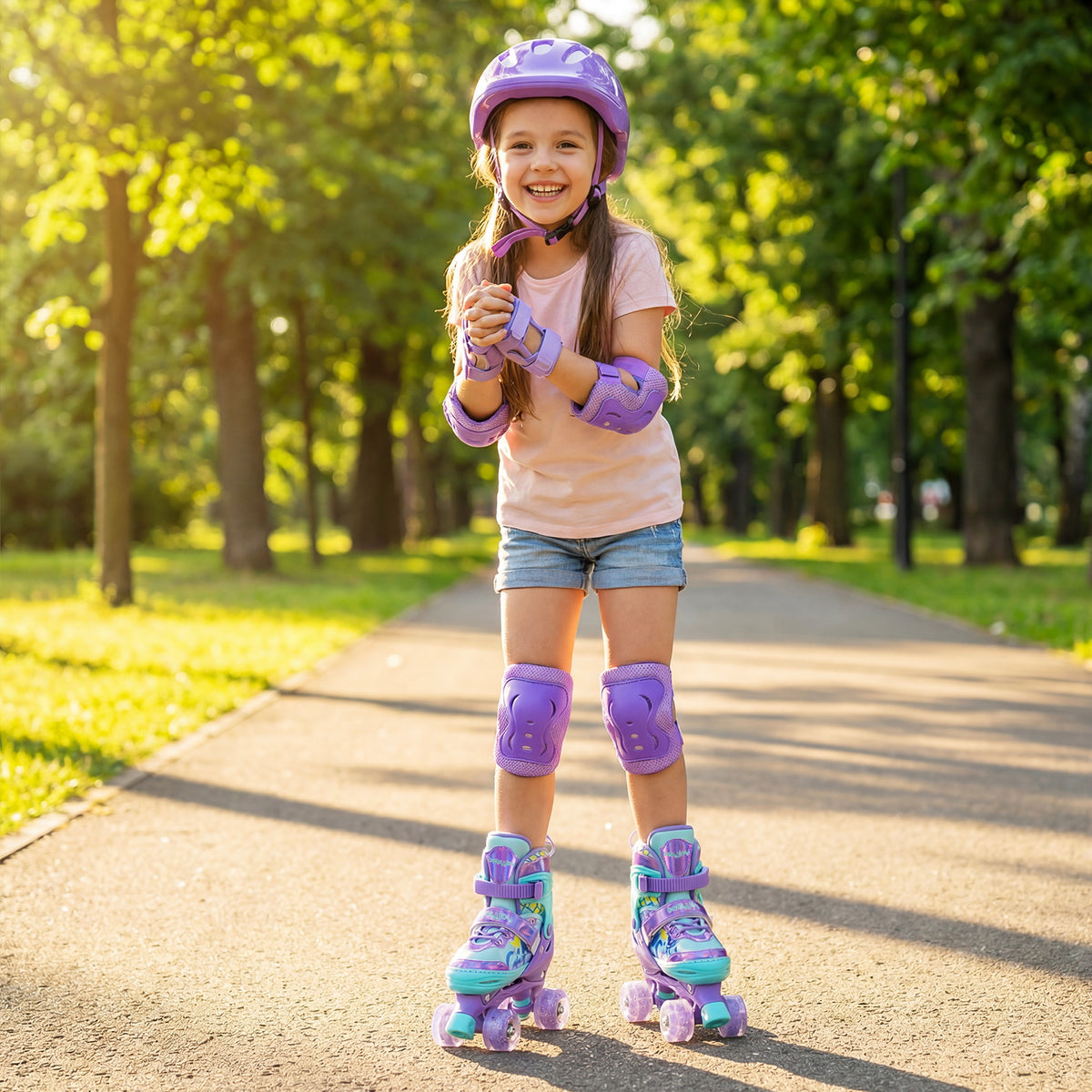 Patins à roulettes pour enfants, réglables sur 4 tailles, avec roues lumineuses et protection de sécurité, taille M - violet