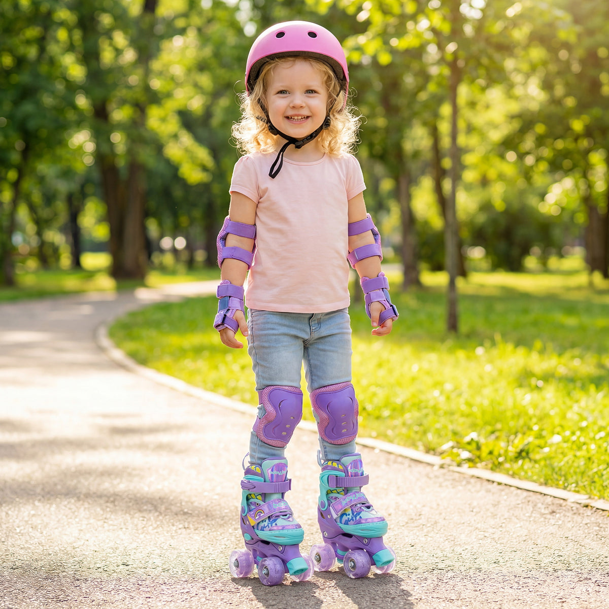 Patins à roulettes pour enfants réglables sur 4 tailles, avec roues lumineuses et protection de sécurité - violet