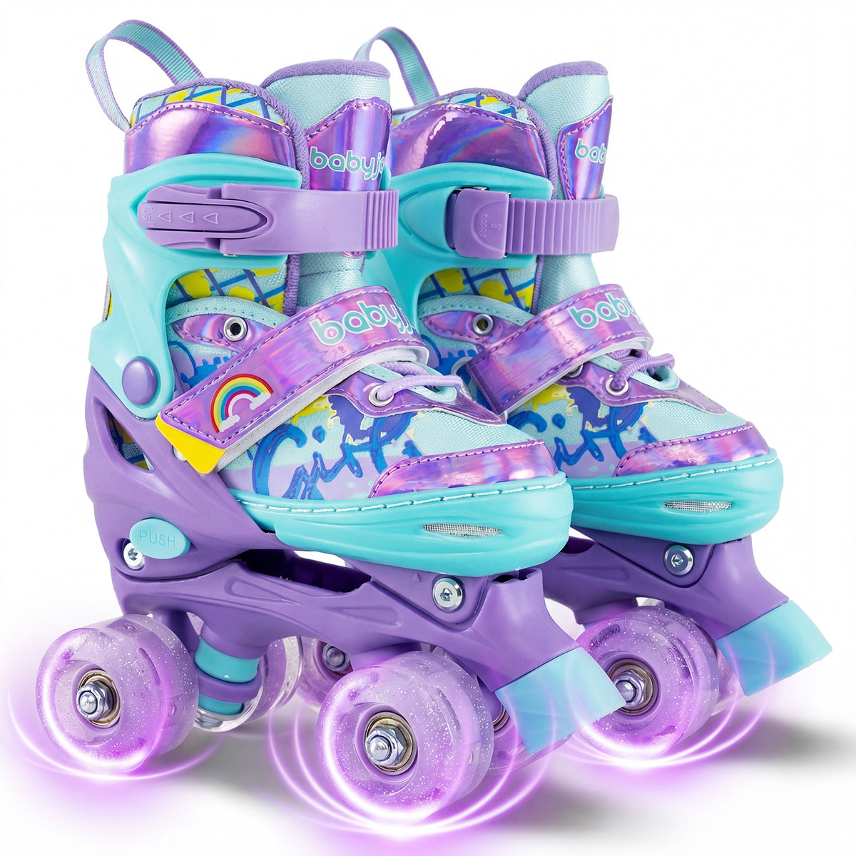 Rollers réglables pour enfants en 4 tailles avec roues lumineuses et protections de sécurité, taille S - violet