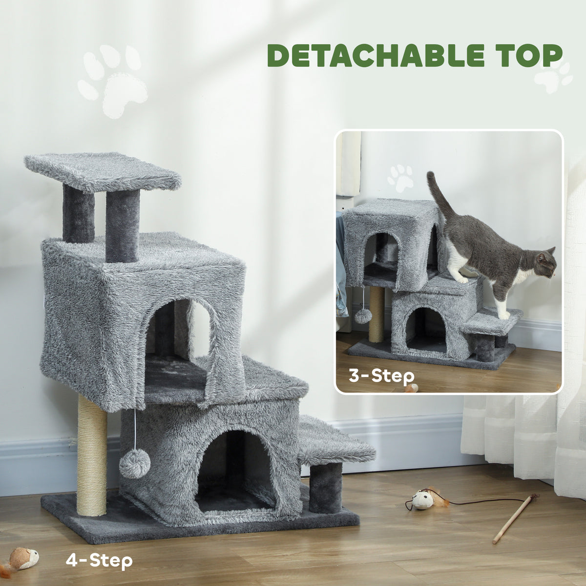 4-Step Adjustable Pet Stairs with Cat Condo and Scratching Post - Grey-Cats-DECOROLALA