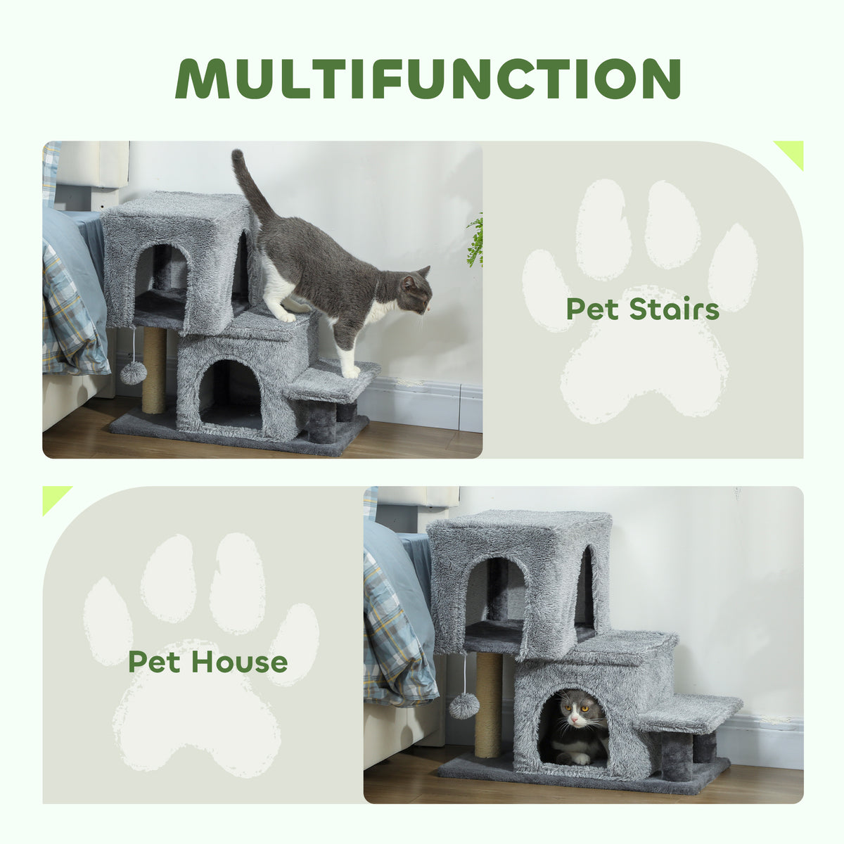 4-Step Adjustable Pet Stairs with Cat Condo and Scratching Post - Grey-Cats-DECOROLALA