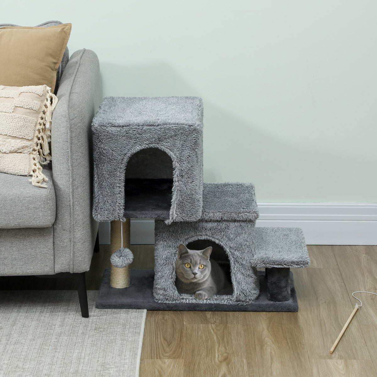 4-Step Adjustable Pet Stairs with Cat Condo and Scratching Post - Grey-Cats-DECOROLALA