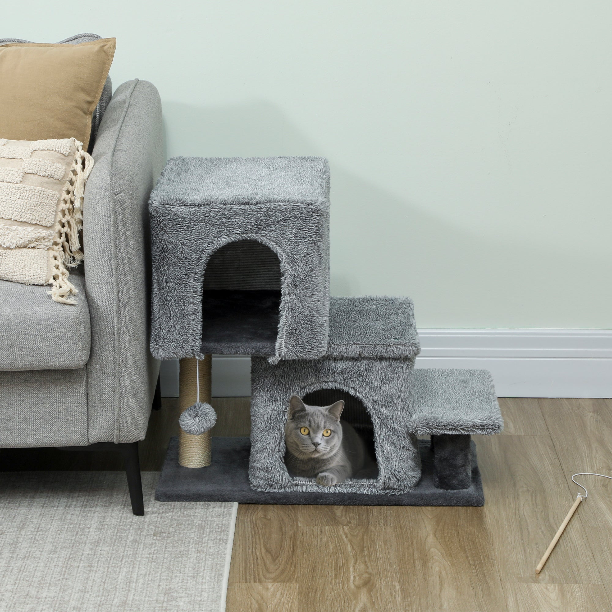 4-Step Adjustable Pet Stairs with Cat Condo and Scratching Post - Grey-Cats-DECOROLALA