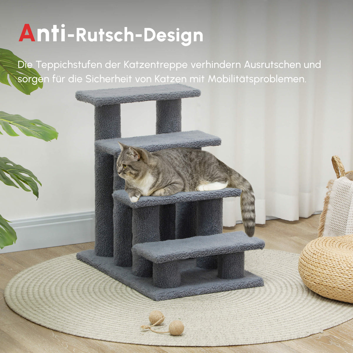 4-Step Cat Scratching Post Pet Stairs - Grey Berber Fleece-Cats-DECOROLALA