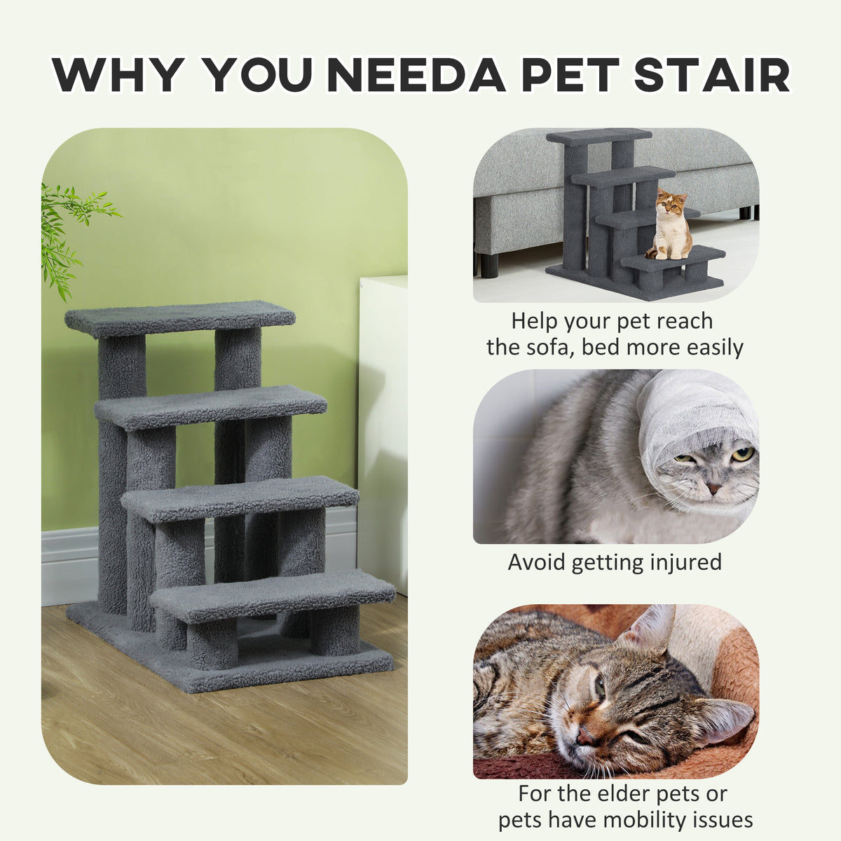 4-Step Cat Scratching Post Pet Stairs - Grey Berber Fleece-Cats-DECOROLALA