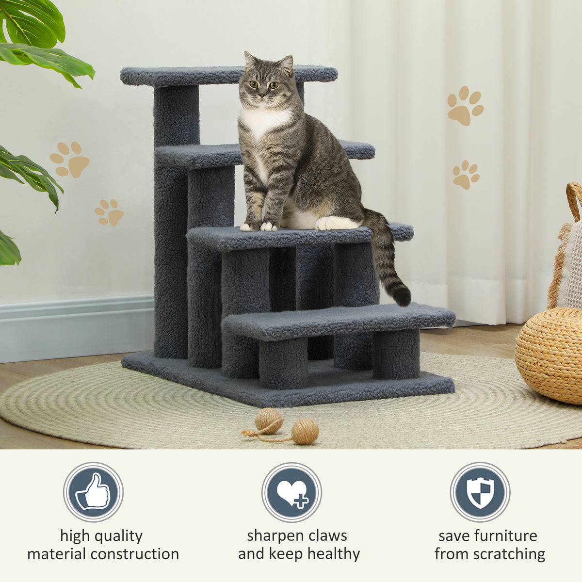 4-Step Cat Scratching Post Pet Stairs - Grey Berber Fleece-Cats-DECOROLALA