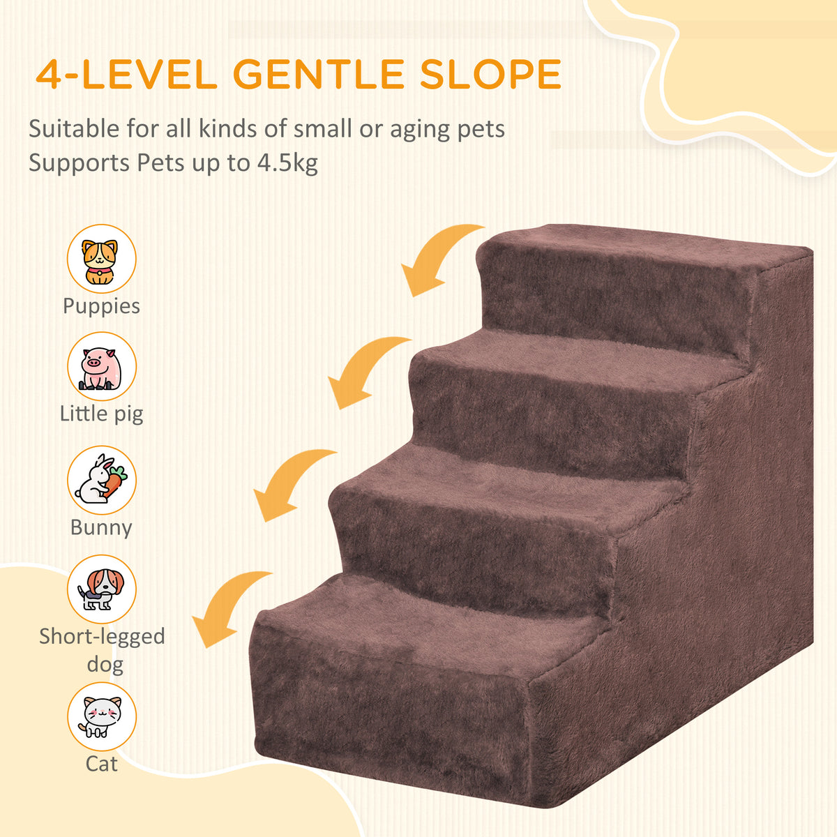 4-Step Dog Stairs for High Beds - Brown Plush with Removable Cover-Dogs-DECOROLALA
