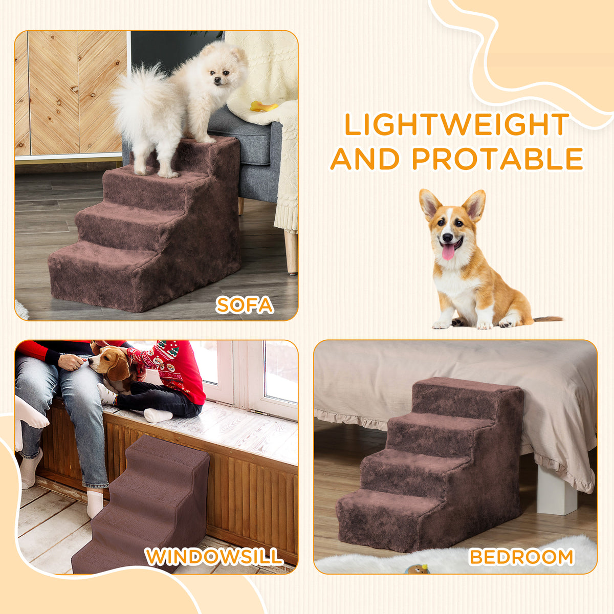 4-Step Dog Stairs for High Beds - Brown Plush with Removable Cover-Dogs-DECOROLALA