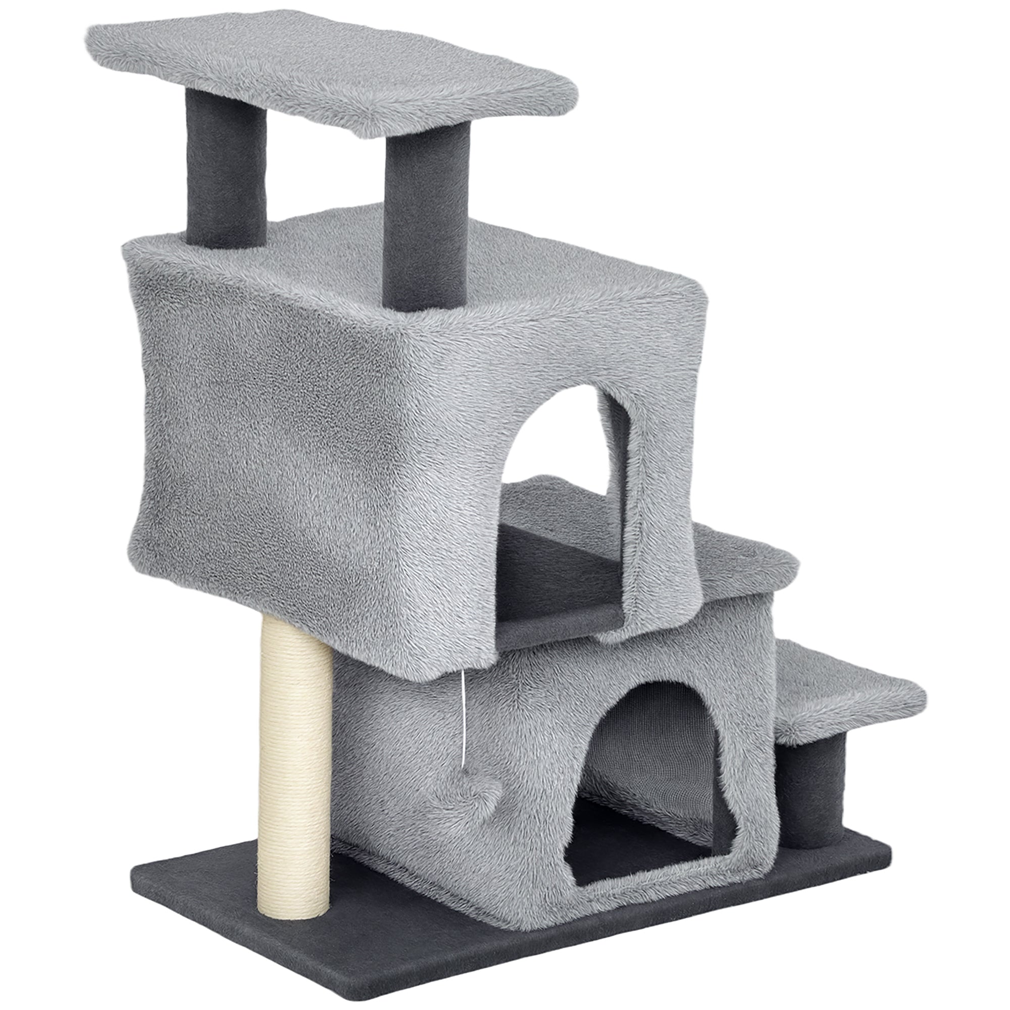 4-Step Pet Stairs, Adjustable Height Cat Stairs with Scratching Posts Cat Condo, Hanging Ball for High Bed, Grey-Cats-DECOROLALA