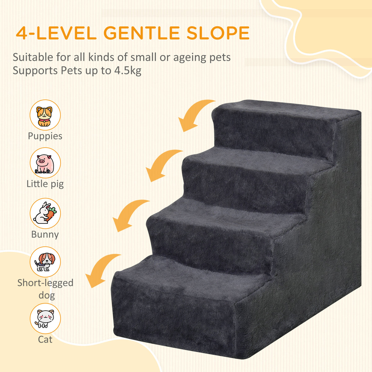 4-Step Pet Stairs for High Beds - Dark Grey with Removable Cover-Dogs-DECOROLALA