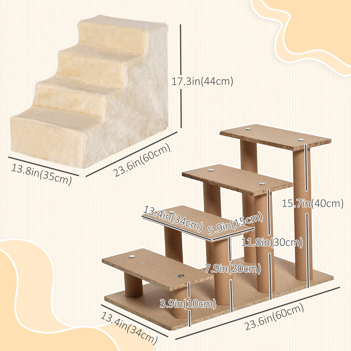 4-Step Pet Stairs with Removable Cover - Beige 23.6"L-Dogs-DECOROLALA