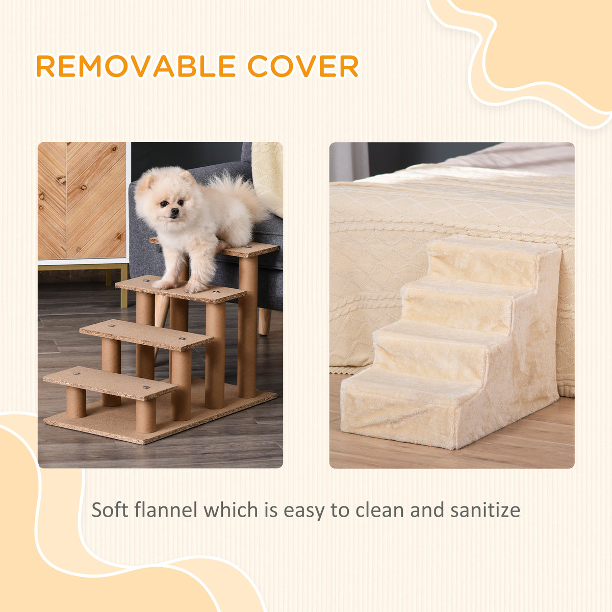 4-Step Pet Stairs with Removable Cover - Beige 23.6"L-Dogs-DECOROLALA