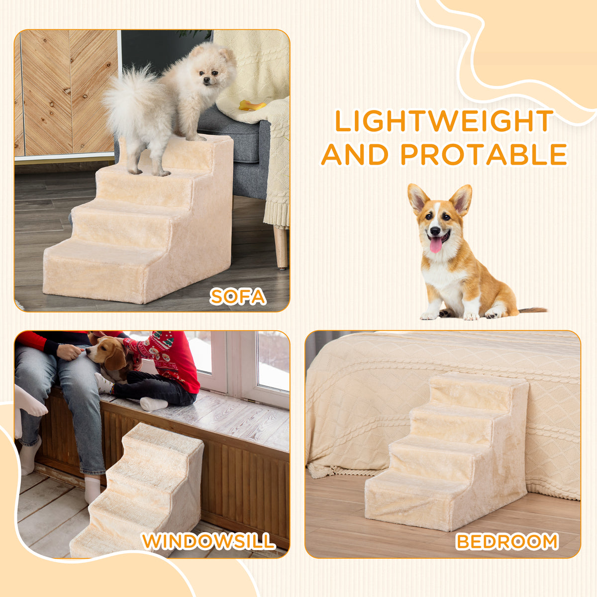 4-Step Pet Stairs with Removable Cover - Beige 23.6"L-Dogs-DECOROLALA