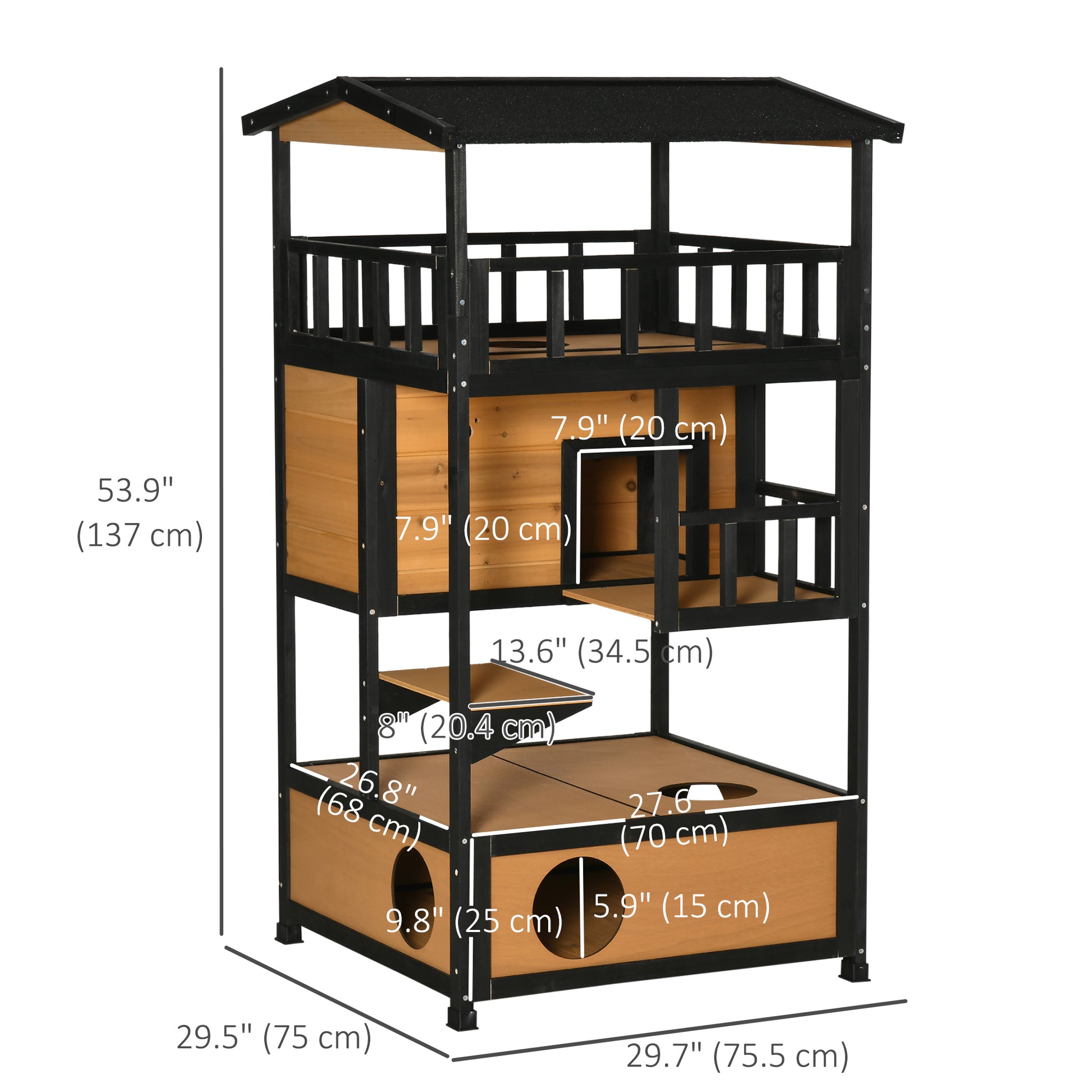 4-Story Wood Outdoor Cat House Catio - Natural Fir Wood-DECOROLALA
