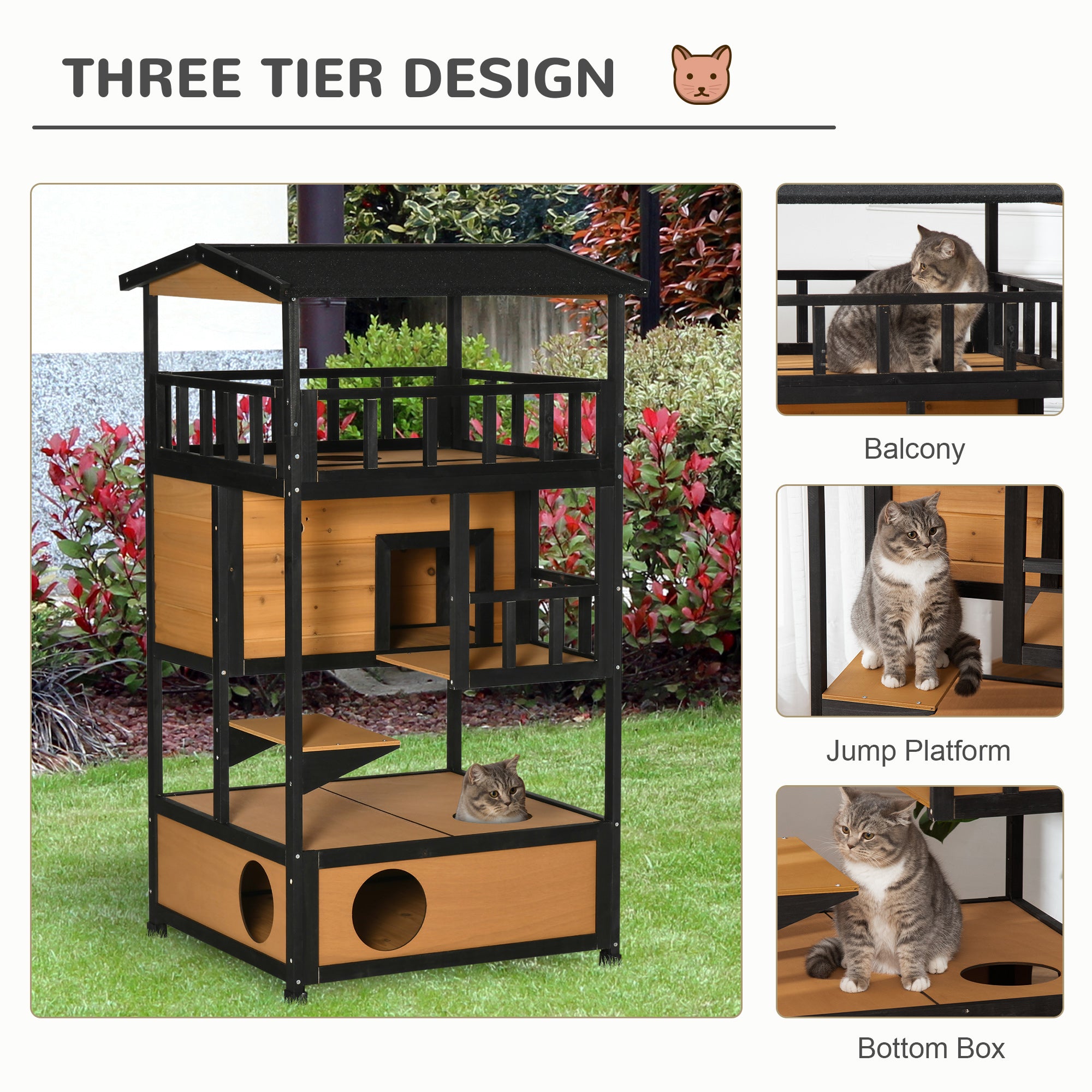 4-Story Wood Outdoor Cat House Catio - Natural Fir Wood-DECOROLALA