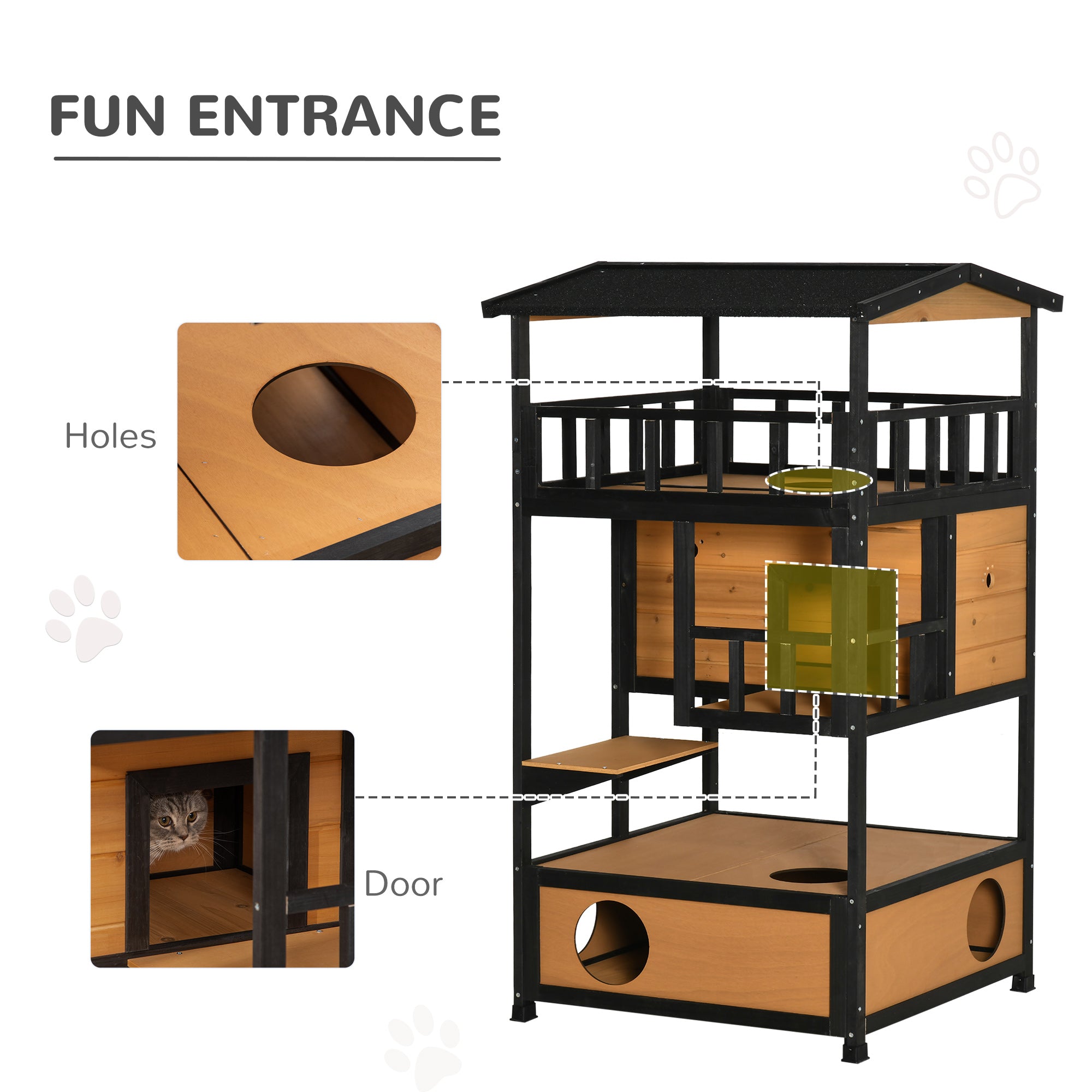4-Story Wood Outdoor Cat House Catio - Natural Fir Wood-DECOROLALA